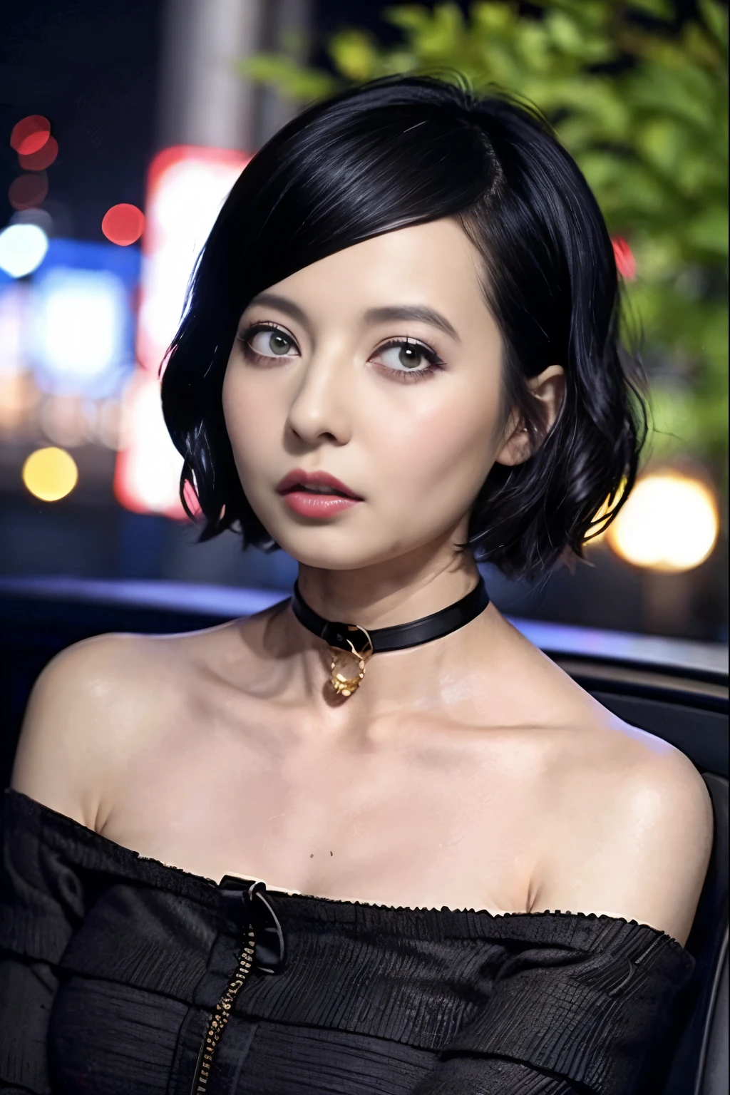 black hair、 Very Shorthair、Deep red lipstick、 Black Off-the-Shoulder、 black choker with long sleeves 、25Old woman、Late Night、Cemetery、 uneasy expression、