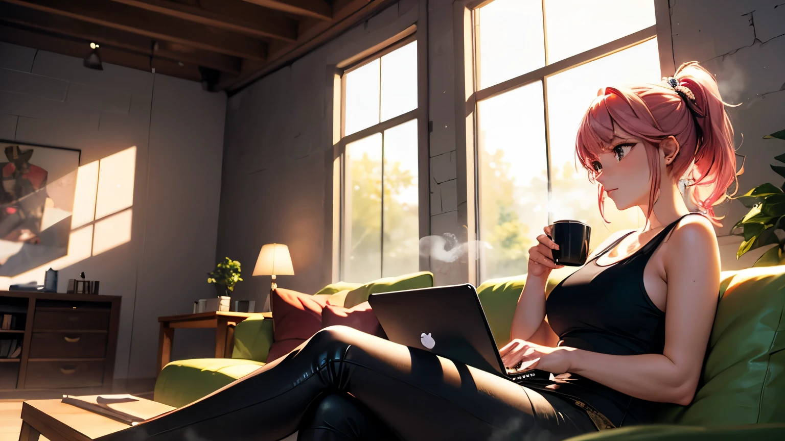 "A woman with pastel green and pink hair tied in a ponytail sits on a leather couch in an industrial-style living room. She wears a black tank top and black leggings, her fingers moving purposefully over the keyboard of her glowing laptop. Her attention is fully focused on the screen as she types, the sunlight streaming through large steel-framed windows casting intricate shadows on the exposed concrete walls and the rugged wooden coffee table. Beside her, a cup of coffee releases a gentle wisp of steam into the warm light."