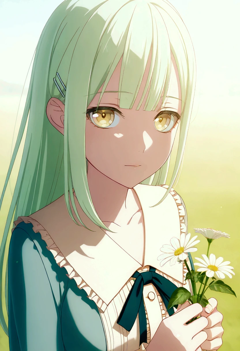 Wakaba Mutsumi,long hair,green hair,bangs,blunt bangs,,hair ornament,hairclip, yellow eyes score_9, score_8_up, score_7_up, full face, girl, blue long hair, white flowers, , , looking at viewer,