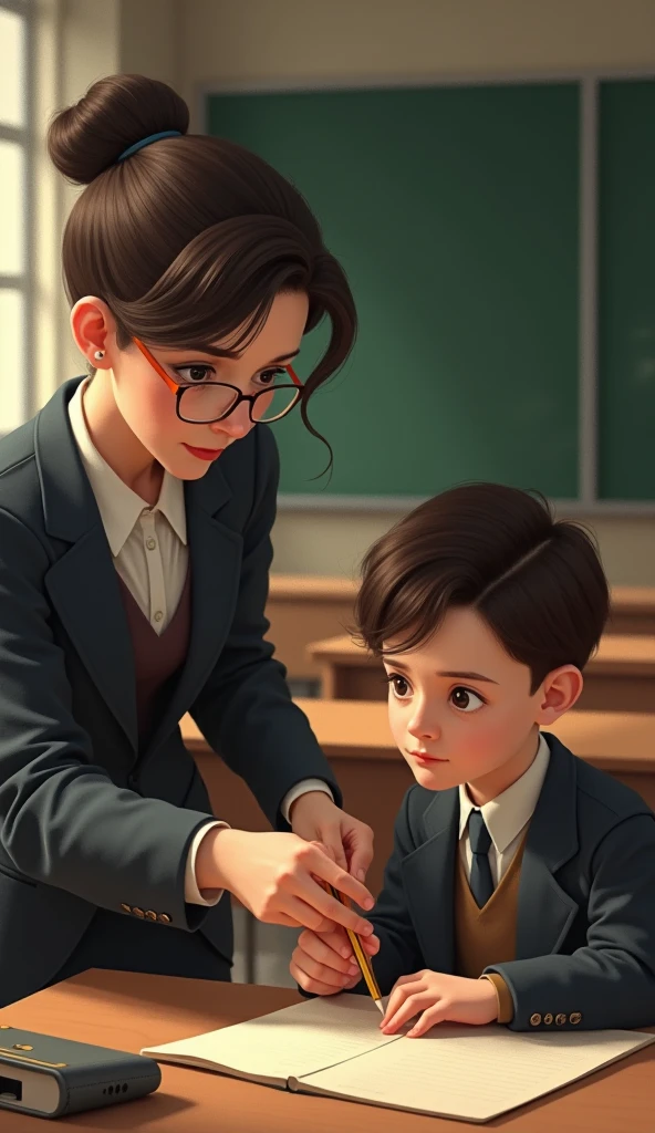 Ultra-realistic image of little Thomas Edison's mother, guardianing her son. He is 7 years old. They are sitting at the living room table, surrounded by books and papers, immersed in a moment of learning and discovery. The scene is dominated by vibrant colors that reinforce the presence of the environment. Masterpiece, high quality, 8k, high resolution, high detailing, smile, cinematic shading, vivid colors, cool and soft luminosity, Greg Rutkowski style.