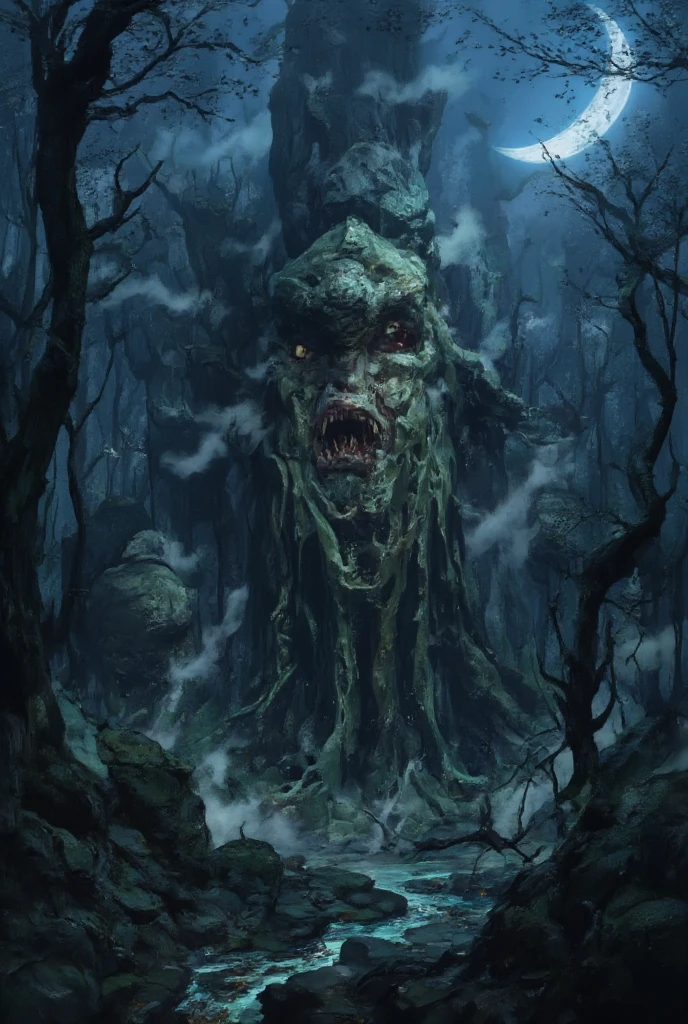 An anime, a work of art, the theme is "The Cursed Statue Deep in the Forest", a huge rock hidden deep in the forest has been carved into the shape of a cursed demon statue, the horror of the curse, a hidden presence in the forest on a misty crescent moon night.