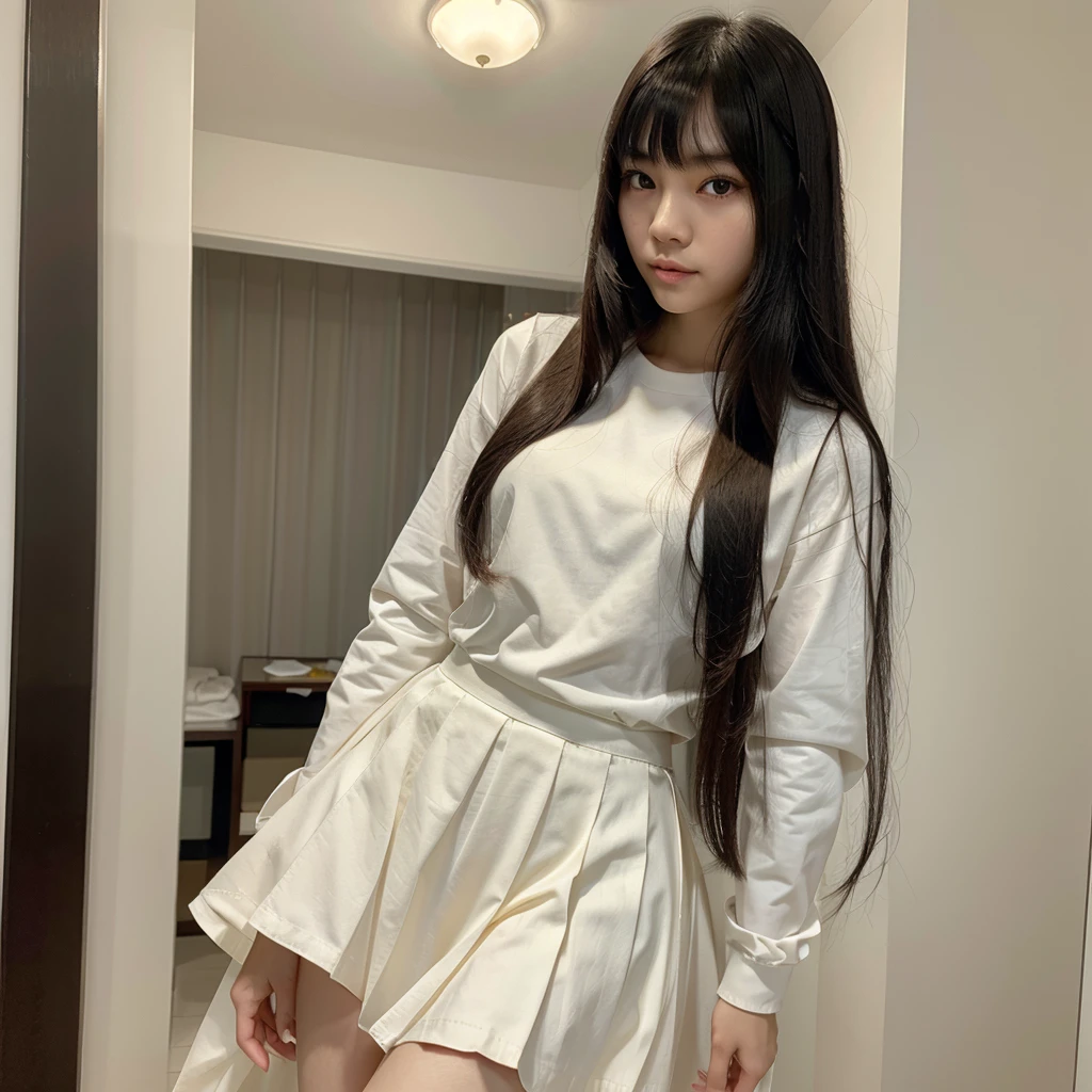 Photo of a beautiful 14 year old foreign girl standing in front and looking at me Her hair should be yellowish black in color on the front side. The girl should be standing straight in discipline position.