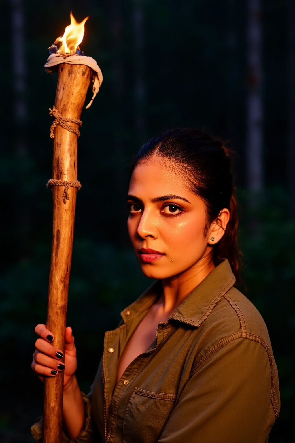 Ultra-realistic digital art of the upper half of a woman in a dark forest at night, holding a rugged wooden stick with a slightly uneven, hand-carved appearance. The stick is thicker at the base, tapering toward the top, where a flame burns on a cloth-wrapped section secured with rope. She wears a weathered adventure-style coat, and her sweat-covered face glows in the warm, flickering light of the flame. Her expression is fearful yet determined, with messy, damp hair framing her face. The dense forest in the background is engulfed in shadow, with only the flame providing illumination.