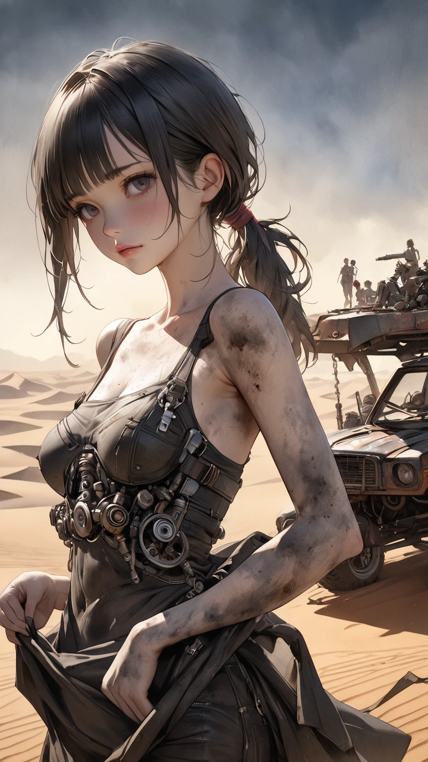Hinata (beautiful and bold, seductive and attractive, blue eyes, pointed chests, short hair, robotic arms, torn socks, white nurse's dress, boot, short glove, thick legs). (deserted road, dirt road, smoke, abandoned cars, newspapers, abandoned objects, bodies lying on the ground, abandoned road, dark night, apocalyptic abandoned city scenery, cinematic effect), (Best quality, masterpiece, depth of field, Full HD, 4K, richness of detail). Portrait style