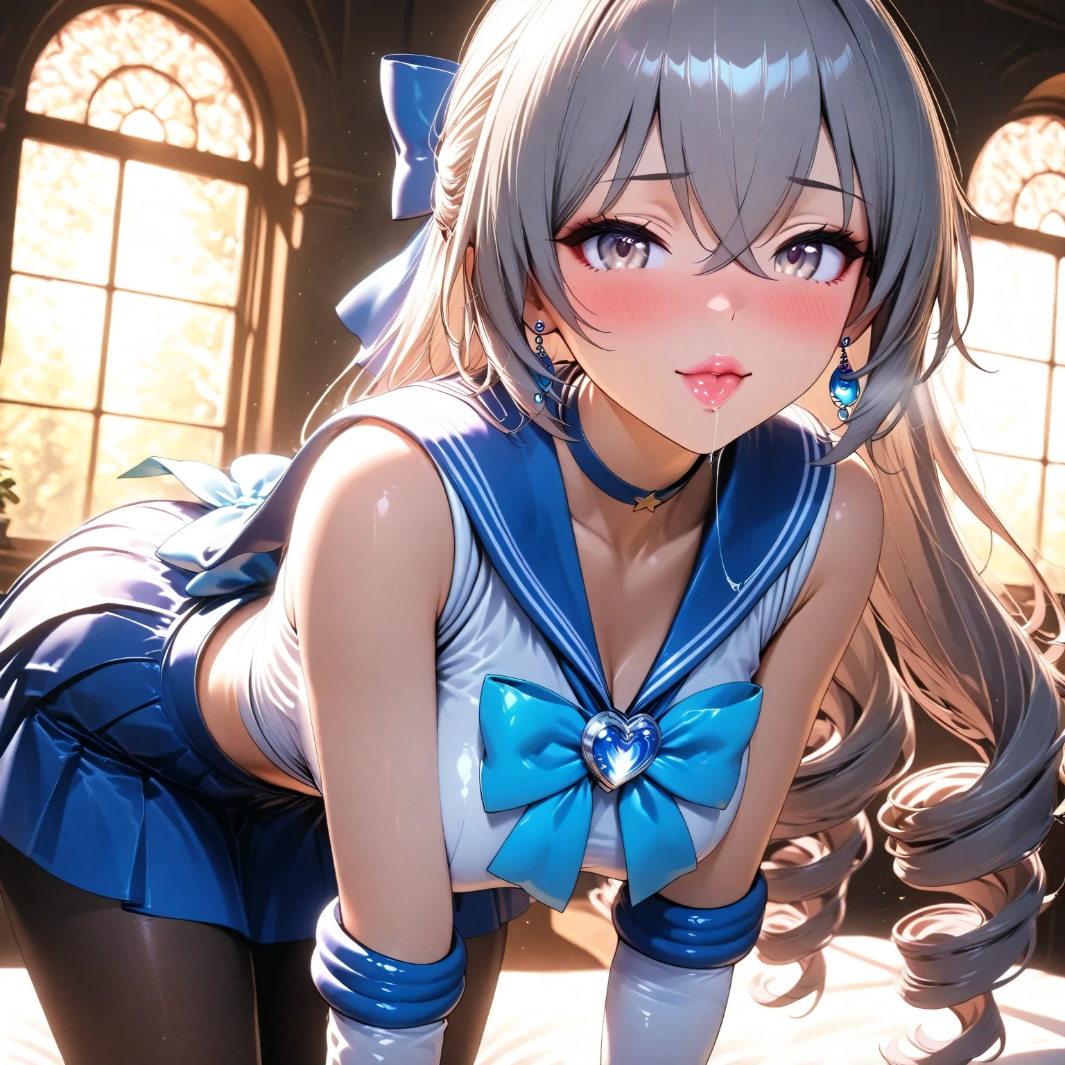 Masterpiece, high resolution, Best Quality, Detail, UHD, Super Detailed, Textured Skin, accurate, retina, 3d rendering, 4k, delicate, dynamic, bronya, sailor mercury cosplay, pantyhose, leaning forward, helpless, cute, lovely, adorable, aroused, make up, blush, pink lips, saliva trail, 