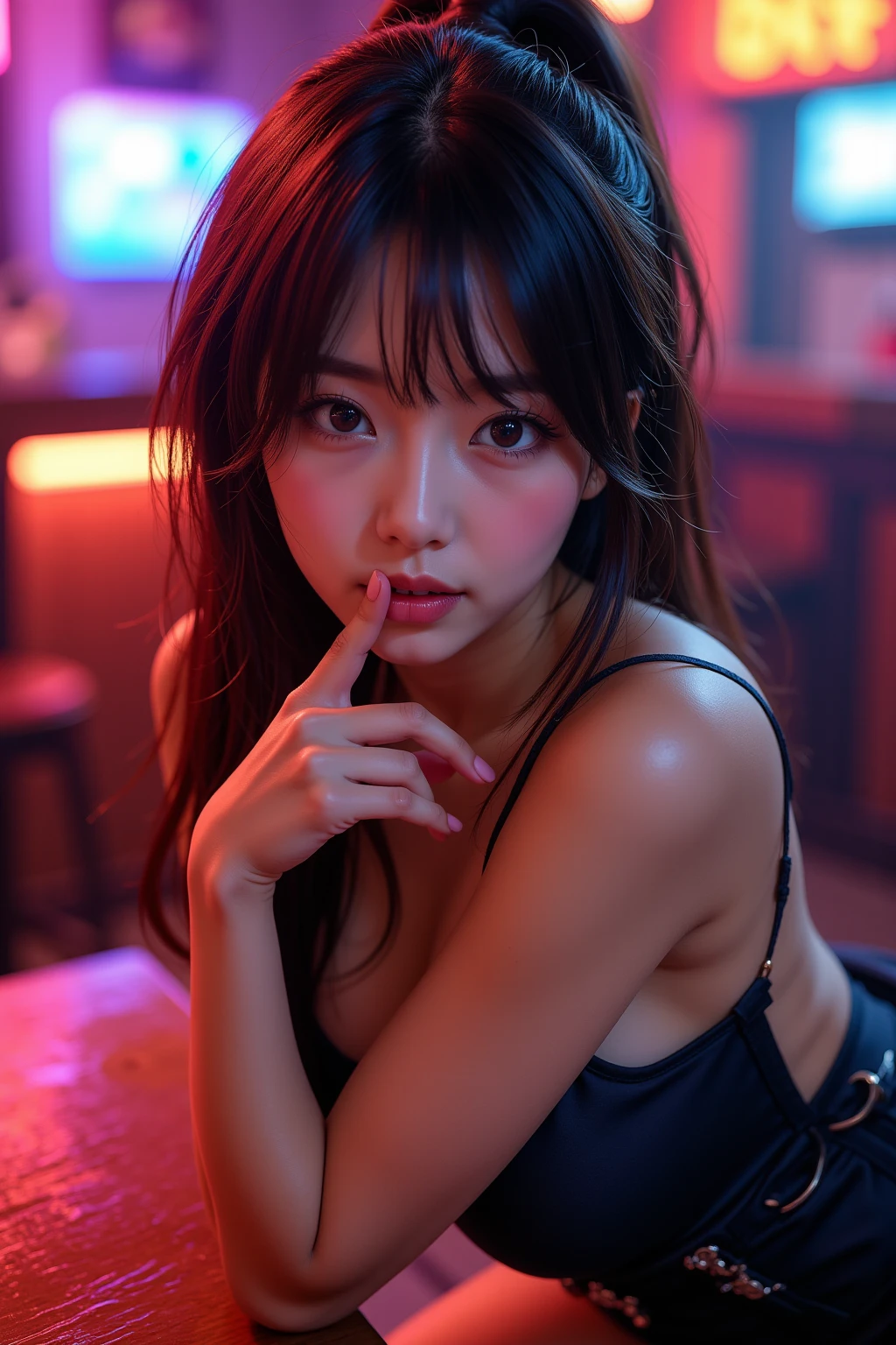 Inside Nightclub, (Raw photo: 1.2), of the highest quality, Beautiful detailed girl,  japanese,18years old,BREAK,(fellatio gesture:1.5),BREAK,(Lightly squeezed hand in front of mouth:1.5),BREAK,(Squint your eyes
,chuckle,erotick eyes,seductive eyes,stick out tongue ,long tongue,front lighting,:1.3),not too long tongue,BREAK,,(Lightly squeezed hand in front of mouth:1.5), very thin body,High resolution,allfours,8K Wallpaper,Highly detailed eyes and face, Beautiful detailed eyes, Fine detail, Highly detailed ticker uniform 8K wallpaper, Light on Face, Sexy Pose, (Photorealism: 1.4),bright place, From below, Super Detail, masterpiece,  On all fours,looking up,spot lighting,e,front lighting,,not open eyes large,Luminous and colorful lighting setup for model photography,lens flare,, cinematic lighting, ray tracing,(not bad anatomy:1.3)