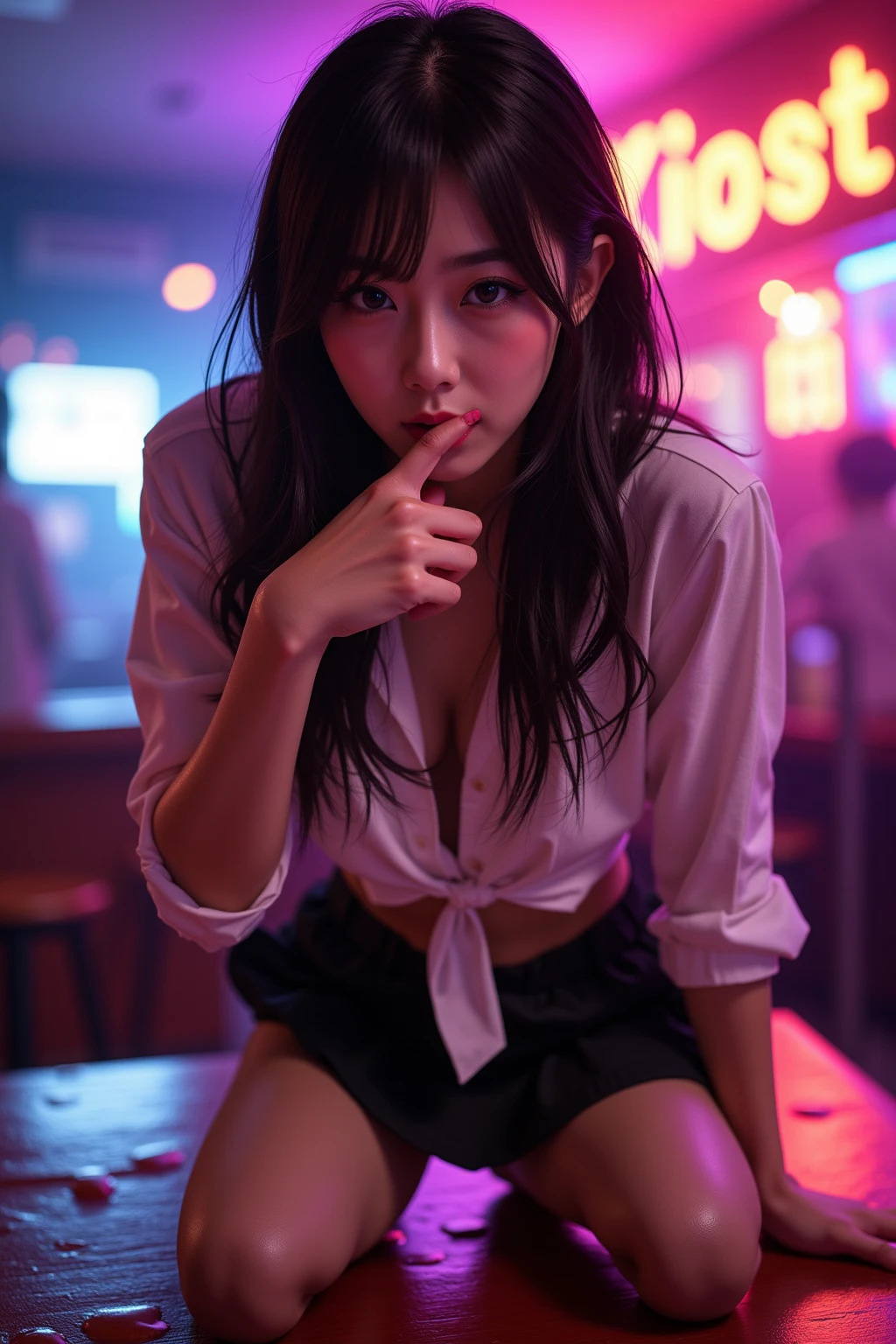 Inside Nightclub, (Raw photo: 1.2), of the highest quality, Beautiful detailed girl,  japanese,18years old,BREAK,(fellatio gesture:1.5),BREAK,(Lightly squeezed hand in front of mouth:1.5),BREAK,(Squint your eyes
,chuckle,erotick eyes,seductive eyes,stick out tongue ,long tongue,front lighting,:1.3),not too long tongue,BREAK,,(Lightly squeezed hand in front of mouth:1.5), very thin body,High resolution,allfours,8K Wallpaper,Highly detailed eyes and face, Beautiful detailed eyes, Fine detail, Highly detailed ticker uniform 8K wallpaper, Light on Face, Sexy Pose, (Photorealism: 1.4),bright place, From below, Super Detail, masterpiece,  On all fours,looking up,spot lighting,e,front lighting,,not open eyes large,Luminous and colorful lighting setup for model photography,lens flare,, cinematic lighting, ray tracing,(not bad anatomy:1.3)