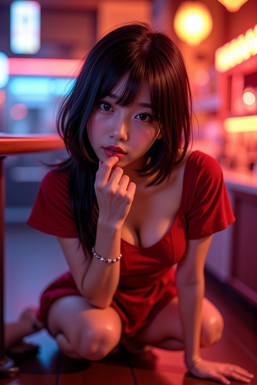 Inside Nightclub, (Raw photo: 1.2), of the highest quality, Beautiful detailed girl,  japanese,18years old,BREAK,(fellatio gesture:1.5),BREAK,(Lightly squeezed hand in front of mouth:1.5),BREAK,(Squint your eyes
,chuckle,erotick eyes,seductive eyes,stick out tongue ,long tongue,front lighting,:1.3),not too long tongue,BREAK,,(Lightly squeezed hand in front of mouth:1.5), very thin body,High resolution,allfours,8K Wallpaper,Highly detailed eyes and face, Beautiful detailed eyes, Fine detail, Highly detailed ticker uniform 8K wallpaper, Light on Face, Sexy Pose, (Photorealism: 1.4),bright place, From below, Super Detail, masterpiece,  On all fours,looking up,spot lighting,e,front lighting,,not open eyes large,Luminous and colorful lighting setup for model photography,lens flare,, cinematic lighting, ray tracing,(not bad anatomy:1.3)