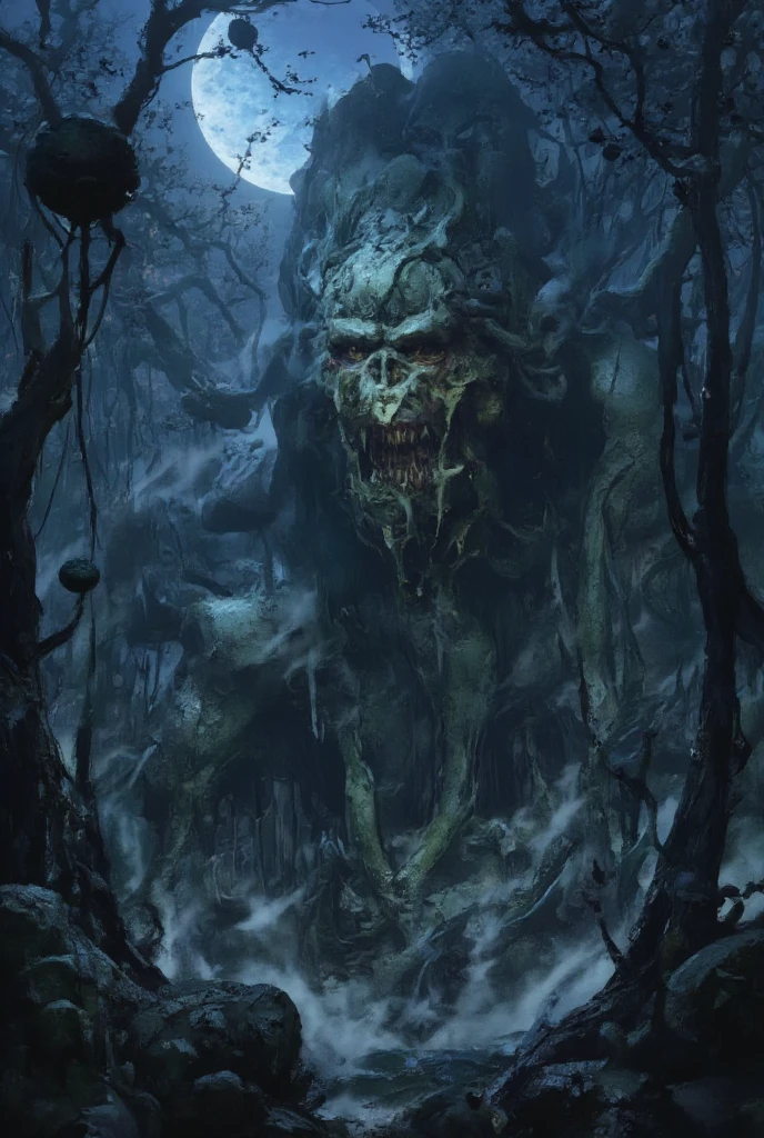 An anime, a work of art, the theme is "The Cursed Statue Deep in the Forest", a huge rock hidden deep in the forest has been carved into the shape of a cursed demon statue, the horror of the curse, a hidden presence in the forest on a misty crescent moon night.