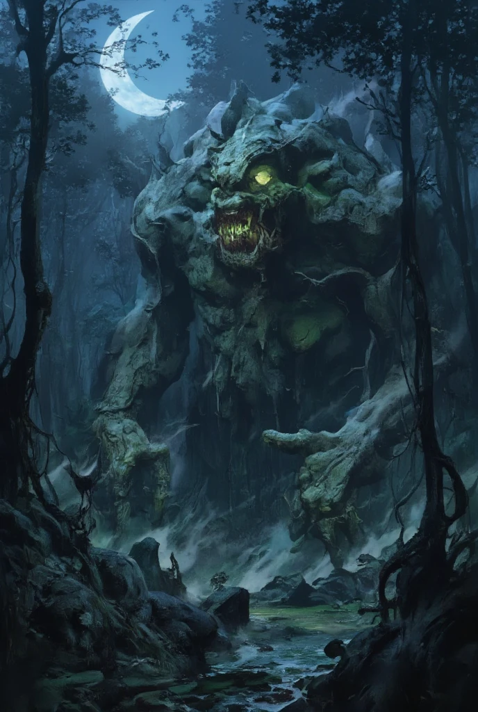 An anime, a work of art, the theme is "The Cursed Statue Deep in the Forest", a huge rock hidden deep in the forest has been carved into the shape of a cursed demon statue, the horror of the curse, a hidden presence in the forest on a misty crescent moon night.