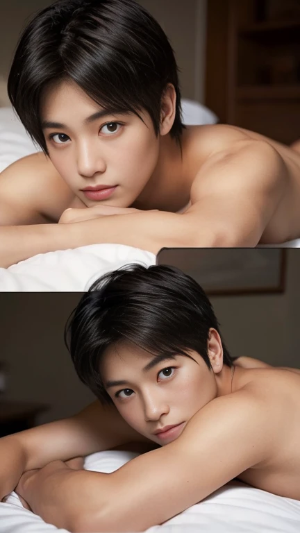  best quality ,masterpiece,bedroom,Sleeping naked in bed,Slim and muscular,ite teenage Japanese man,Two-block black hair,bangs,A beautiful face with deep carvings and tenderness, anatomically correct,accurate, realism  