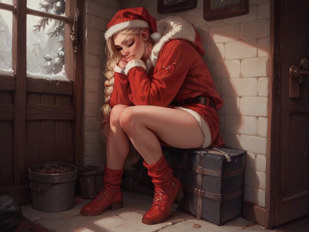 The girl lifted her suit up and sat down with her bare booty on top of the brick chimney, smoke is coming from the chimney , pants down to the ankles , Girl in Santa suit, snow-white thick braid on the head