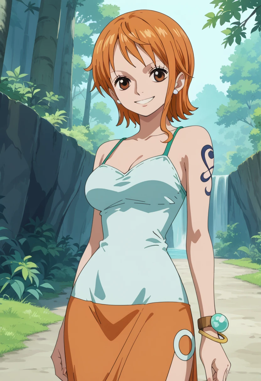 score_9, score_8_up, score_7_up, source_anime, (anime coloring, anime screencap:1.2), flat color, sharp image, megami magazine, short hair, source_anime, best quality, clear face, Nami, orange hair, brown eyes, short hair, thin waist, narrow_waist, wide hips, medium breasts, beautiful legs, smile, happy face, tube dress, tube-dress, bracelet, standing, outdoors, nature, side_view