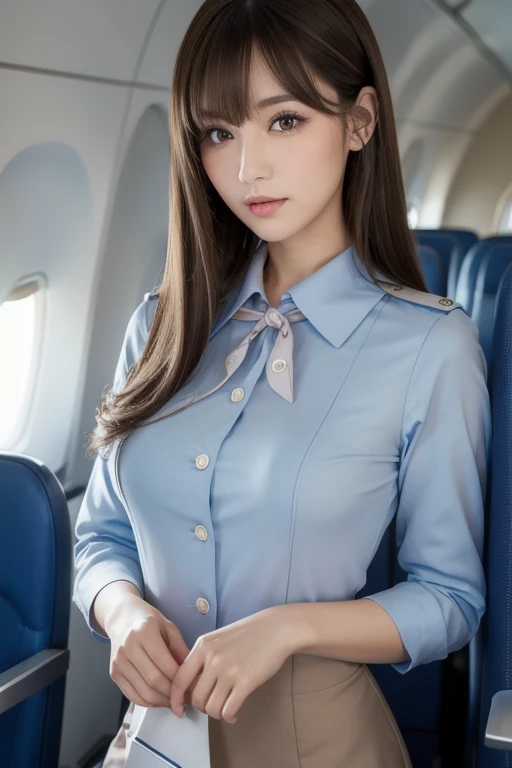 (8K, best quality, masterpiece:1.2), (realistic, photo-realistic:1.37), (high color saturation:1.0), (highly detailed skin), (highest quality:1.0), (ultra high resolution:1.0) ,(realistic:1.0), (Super detailed:1.0), (8K, Raw photo:1.1)、standing random pose, smiling, natural breast, perfect lighting, 3girls, 24years old, (mysterious), clear and detailed, ((ANA_Cabin Crew, blue flight attendant_uniform)), beige pantyhose, (aircraft, aircraft seats), cute face, , show her panties, nsfw,