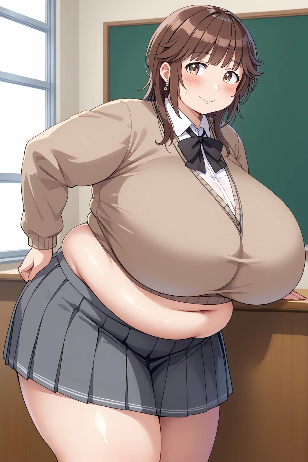 Sakurai Rihoko, Rihoko Sakurai, brown eyes、 brown hair,grey  skirt , kibito high  school uniform, pleated  skirt ,  school uniform、 skirt 、 sweater 、indoor、classroom、Bent Over, troubled expression,blush,butt cleavage,Sloppy belly fat,Obese middle-aged woman,Severe obesity, Fat face, ssBBW,weight 250kg, score_9,  score_8_ up、 score_7_ up、 score_6_ up、 score_5_ up、 score_4_ up、 Masterpiece、 best quality , A beautiful woman with an obese figure,  absurd、 source_Anime, Anime screencap,  one woman、Alone、 personal  、Super huge breasts, Super huge クレビス、Super huge, Super huge boob, curved、 Wide Hips 、