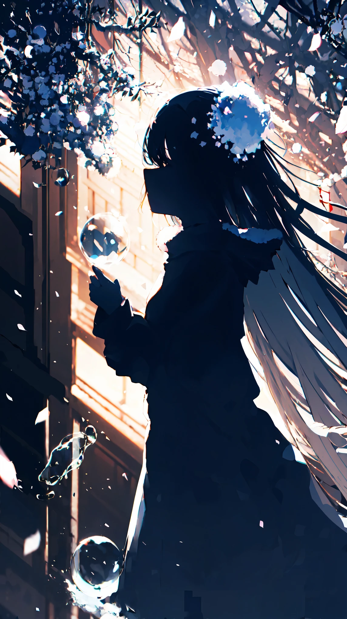 -scenery,  from the side 1 girl , null, star (null), moon(null), Highest Resolution 、 solo, bubble,  soap bubbles,  long hair,Snow Field ,Snow Cherry Blossoms, Big Clouds, silhouette