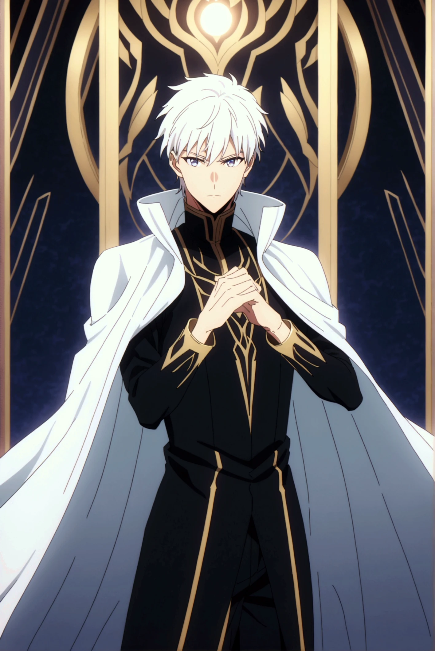 Here’s a detailed description of the anime-style male character:

A young, heroic figure with sharp, short white hair and vibrant blue eyes that seem to glow with intensity. He is dressed in a sleek black outfit, tailored to fit snugly, with intricate silver patterns etched along the fabric, giving him an air of elegance and power. Draped over his shoulders is a pristine white cape, its edges fluttering gently as though caught in a magical breeze. The character stands confidently, exuding a sense of calm authority, as mystical glowing runes light up the vivid fantasy background. His stance suggests readiness for action, and his enigmatic presence is both inspiring and intimidating.

