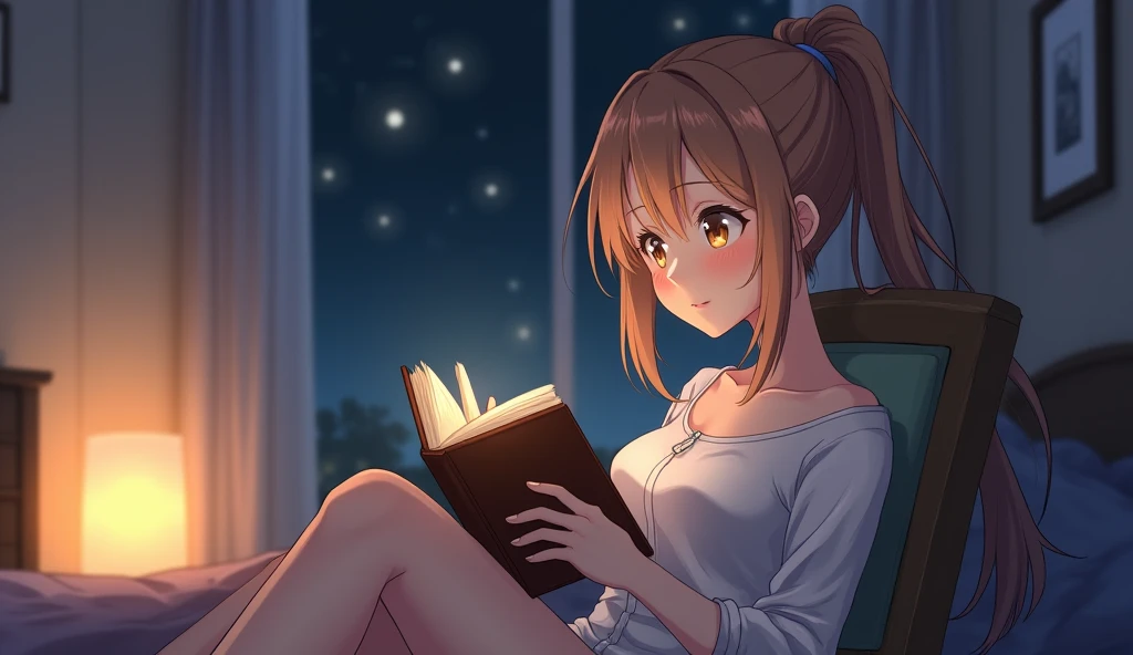 beautiful girl,Brown Hair,Shortcuts,Messy Hair,Slender beauty,A dignified posture,Small chest,Beautiful legs, captivating grey-blue eyes that shine like stars,,night景,night,Reading a book in a quiet corner of the house,Her expression is calm and focused,The whole world seems to depend on her and the story in her hands.。城市的night外景透过窗户映入眼帘,But her soul is perfectly peaceful and content..。
