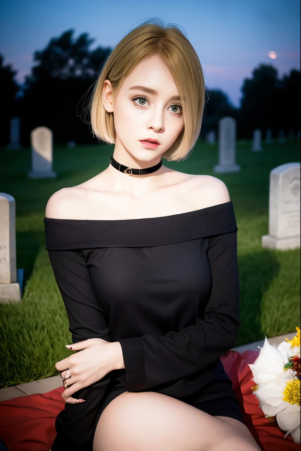 Blonde、 Very Shorthair、Light makeup、 Black Off-the-Shoulder、 black choker with long sleeves 、 female、Late Night、Cemetery、 uneasy expression、