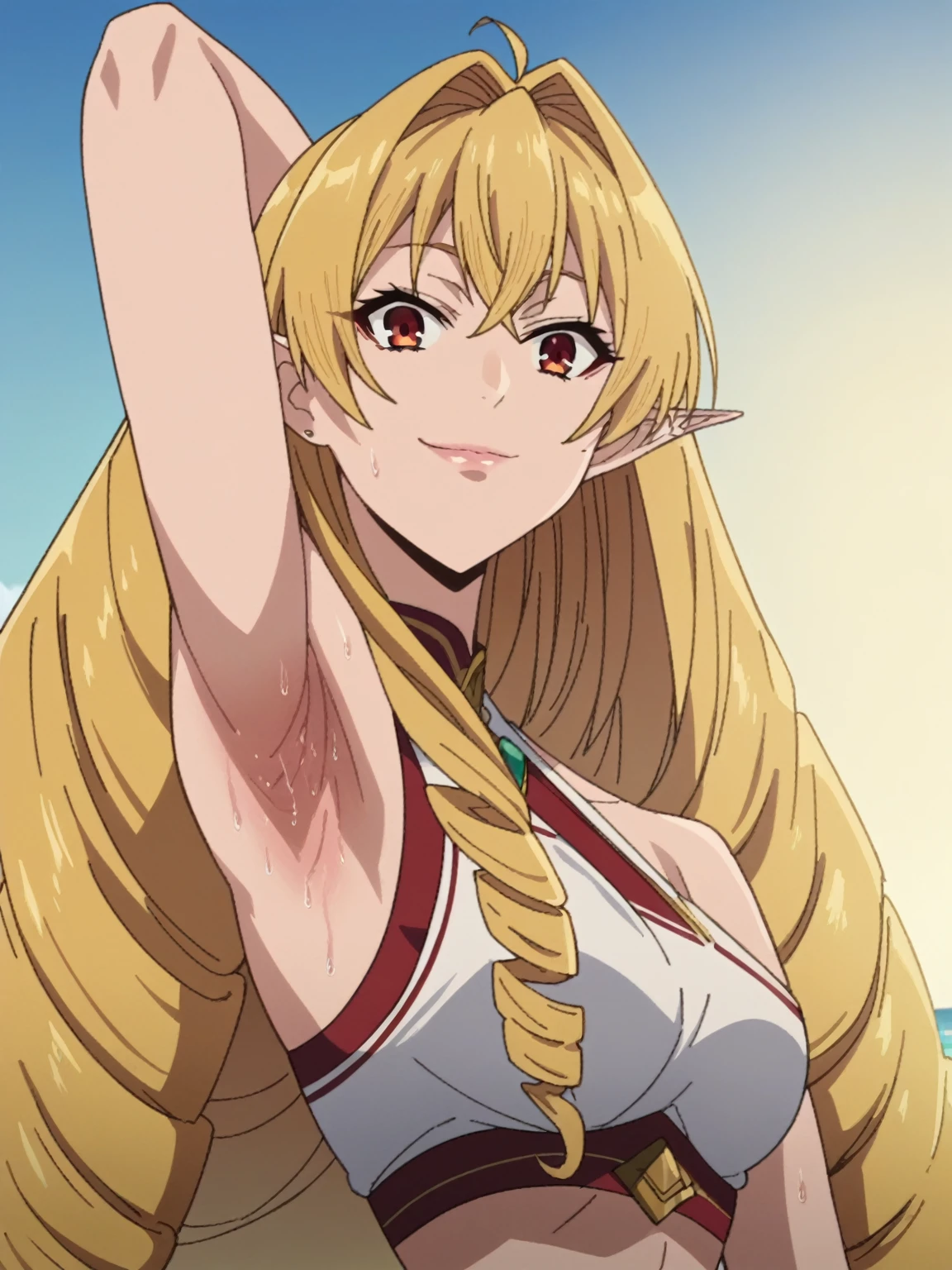 score_9, score_8_up, score_7_up, source_anime, anime screencap, 1girl, solo, elinalise, elf ear, long hair, drill hair, red eyes, blonde hair, bangs, arabian dancer outfit, sleeveless, bare shoulders, bare arms, arm behind head, armpit, looking at viewer, head towards viewer, smile, badhandv4, outdoors, beach, closed mouth, from side, from below, sweaty armpit