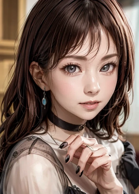 masterpiece, best quality , ultra detail ,8k,Detailed light,Detailed Shadows,born, ( detailed skin),( realistic:1.2),
 from the side 1 girl ,face,
Pilyeon, Black nails,   jewelry,  Audience ,  choker ,  necklace, piercing above spo,  white background, heart,   closed mouse,  gray eyes,  Nail Polish,   simple background,  black hair, ear  piercing above spo, black  choker , 笑face,  eyelash , lips,  put your hand on your cheek, bangs,  bracelet, beads, gem,  earrings, finger tip 
