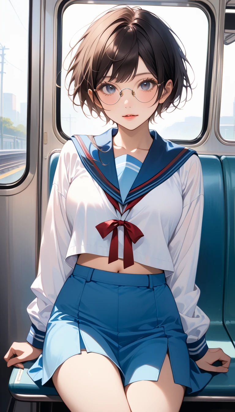 score_9, score_8_up, score_7_up, Realistic:1.2, realistic face and eyes:1.3, Realistic skin:1.3, Japanese idol photos, Beautiful young idol, 1girl, Perfect model body shape., tomboy, (very short hair, pixie cut, Black Hair), circle-glasses, (((Captivating beauty))), big eyes, double eyelid, Attractive eyes, Glossy Lips, perfect female body, Big Breasts:1.8, Cleavage, Firm stomach, thin waist, (((belly button))), Round ass:1.4, Toned thighs, Beautiful hands and feet, very good, KitaHighFemaleWinter, white shirt, blue sailor collar, long sleeves, red ribbon, blue skirt, Seductive pose, On the train, sit on the seat, Attention to detail, Anatomically correct, Textured skin, high quality