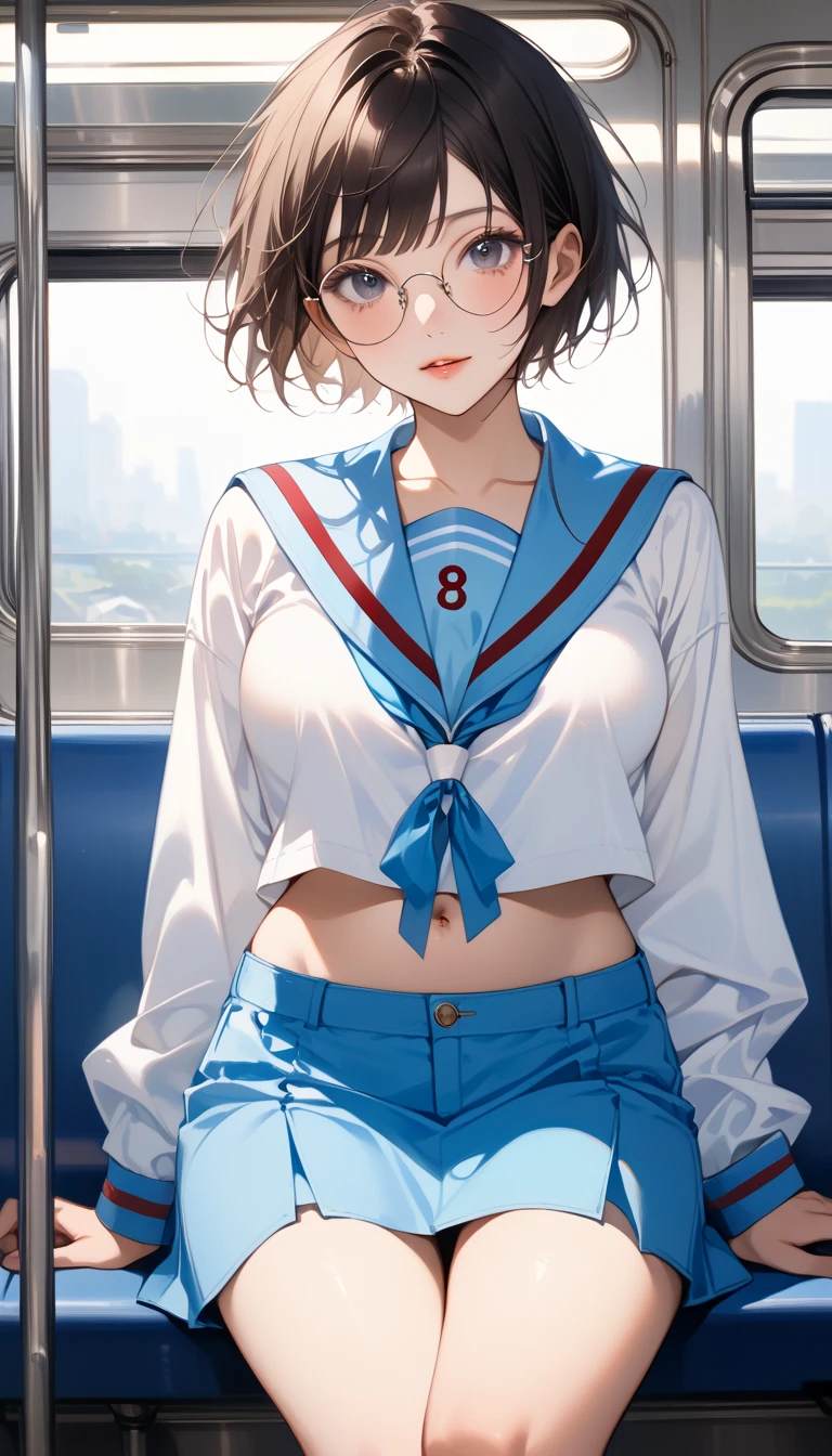 score_9, score_8_up, score_7_up, Realistic:1.2, realistic face and eyes:1.3, Realistic skin:1.3, Japanese idol photos, Beautiful young idol, 1girl, Perfect model body shape., tomboy, (very short hair, pixie cut, Black Hair), circle-glasses, (((Captivating beauty))), big eyes, double eyelid, Attractive eyes, Glossy Lips, perfect female body, Big Breasts:1.8, Cleavage, Firm stomach, thin waist, (((belly button))), Round ass:1.4, Toned thighs, Beautiful hands and feet, very good, KitaHighFemaleWinter, white shirt, blue sailor collar, long sleeves, red ribbon, blue skirt, Seductive pose, On the train, sit on the seat, Attention to detail, Anatomically correct, Textured skin, high quality