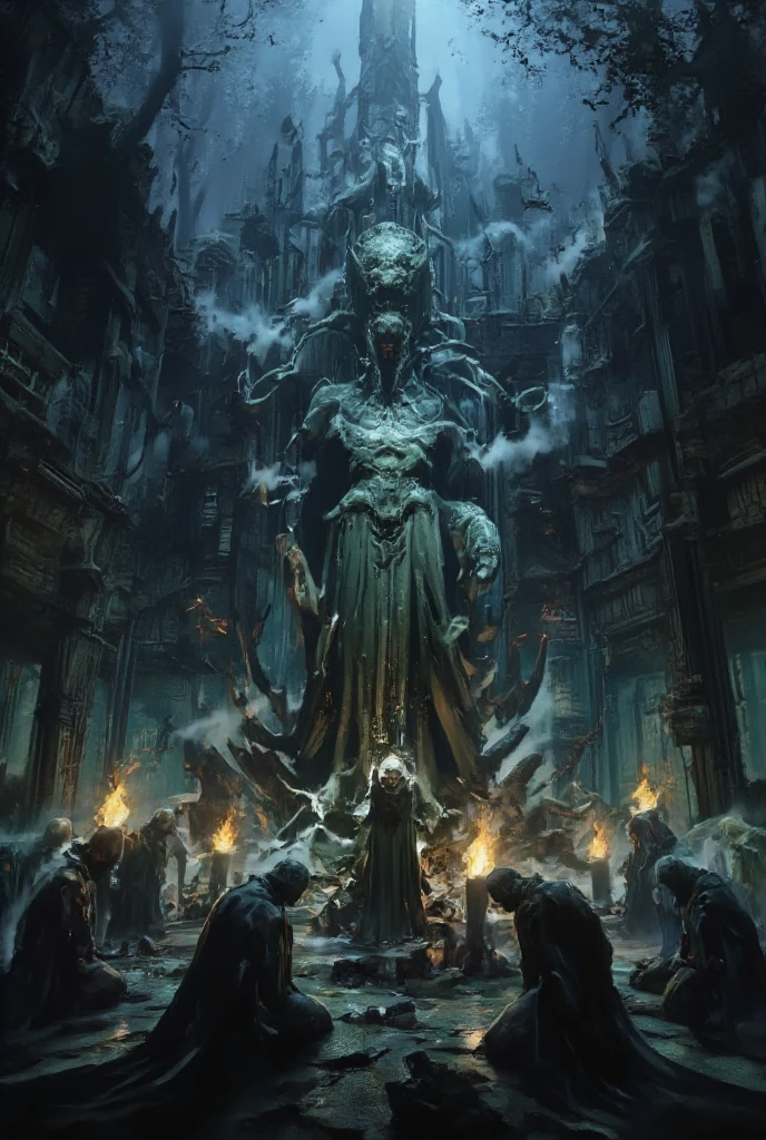 An anime, a work of art, the theme of which is "The Cursed Statue Deep in the Forest", a cursed statue enshrined in a devil-worshipping cult temple hidden away in the depths of the forest, the terror of the curse, the terrifying expression created by the shadow of the statue lit by the light of burning torches in the misty forest at night, a hidden presence.