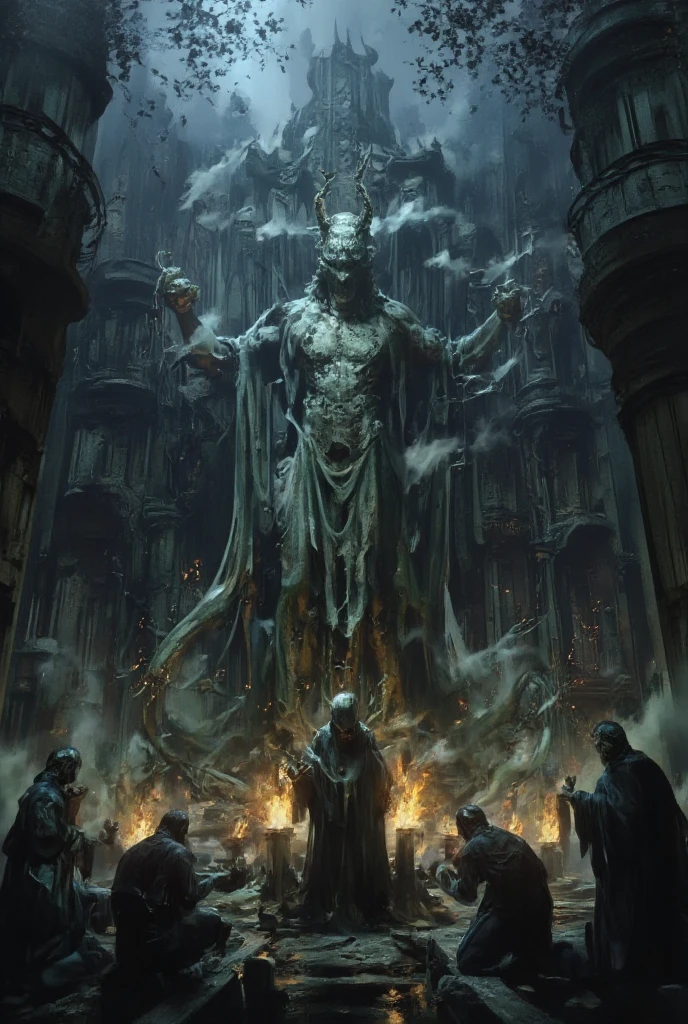 An anime, a work of art, the theme of which is "The Cursed Statue Deep in the Forest", a cursed statue enshrined in a devil-worshipping cult temple hidden away in the depths of the forest, the terror of the curse, the terrifying expression created by the shadow of the statue lit by the light of burning torches in the misty forest at night, a hidden presence.