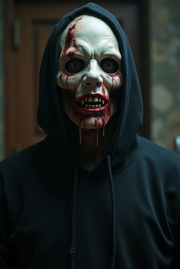Pocong . Ghost.(( Scary face.))((White eyes)) Skeleton.  Movie mood horror. Bood on face. ((Realistic))