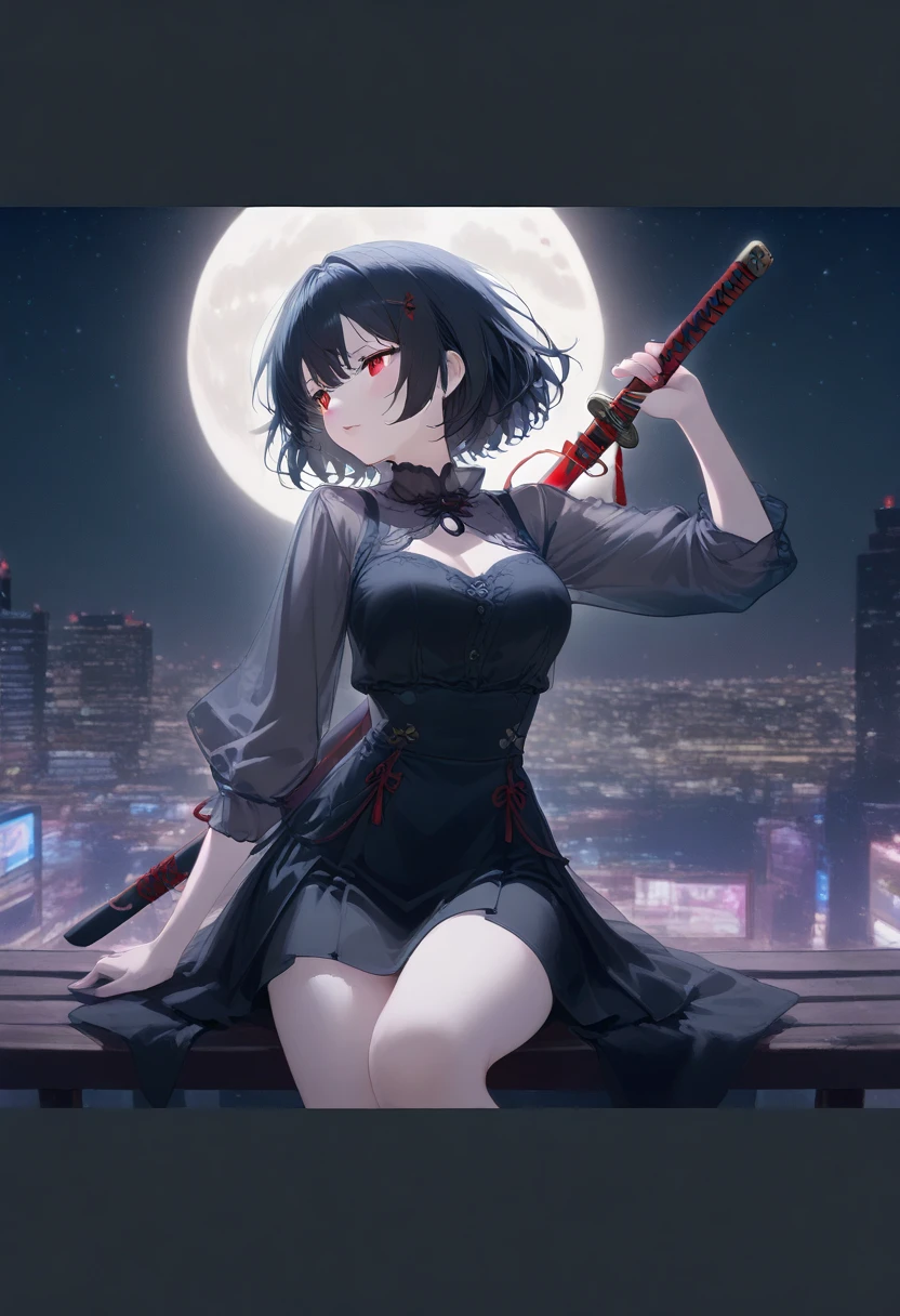  An anime girl with a sword sitting on a railing in front of a full moon, Nightcore,  anime-style  4 k,  cool animation 8K , 4k animation wallpaper , Anime Wallpaper 4k,  animated wallpaper 4k , Anime Wallpaper,  4K cartoon wallpaper ,  anime-style . 8k,  She is holding a katana sword , Tight Black Skirt , Red eyes