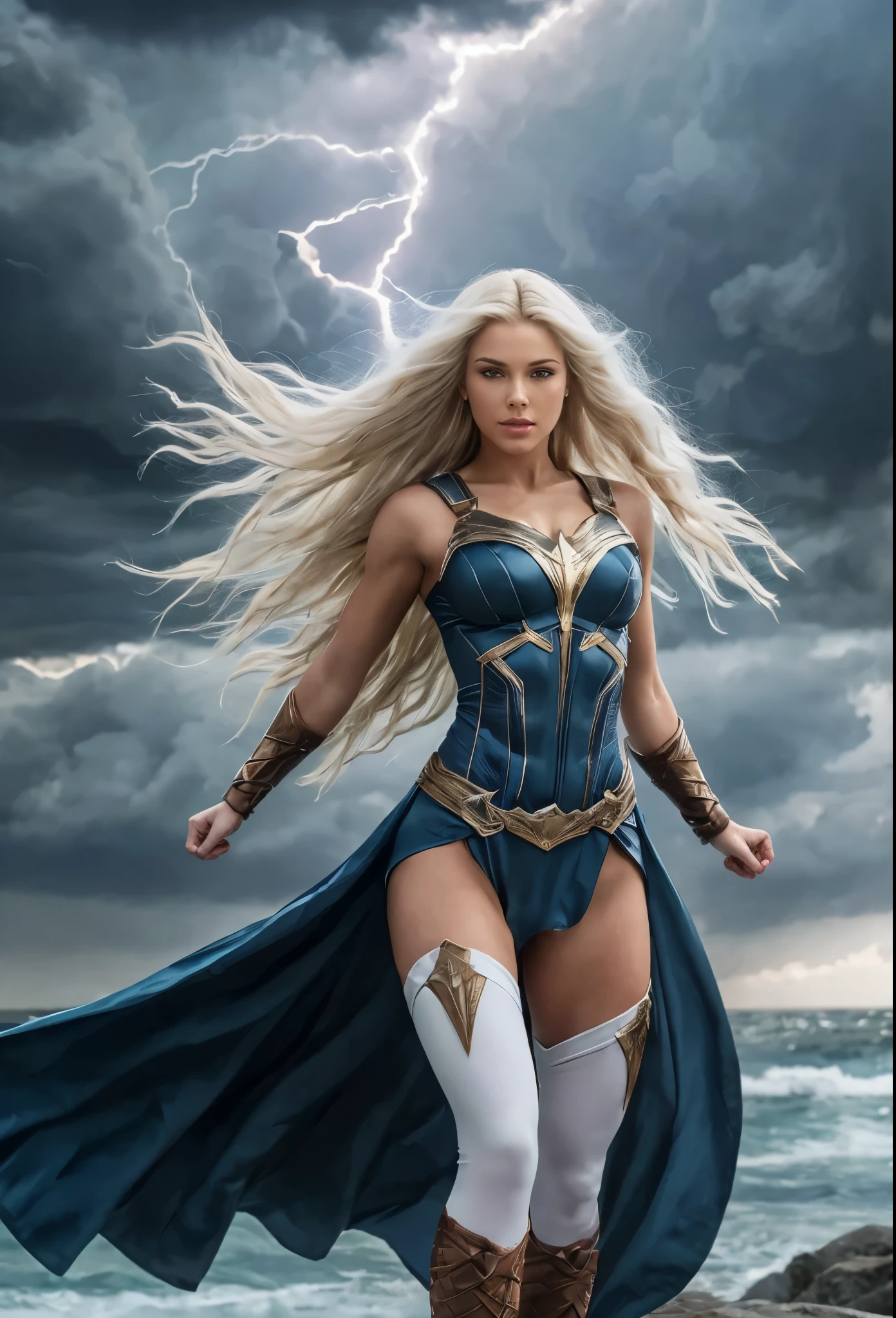 "A stunning, photorealistic masterpiece, cinematic, highly detailed scene of a woman, boasting long, luscious blonde hair cascading down her back, a curvaceous figure accentuated by large, perky, full breasts and a feminine yet athletic physique, with toned, muscular legs and a shapely, rounded derrière, clad in her feminine super hero suit, radiating confidence and beauty."