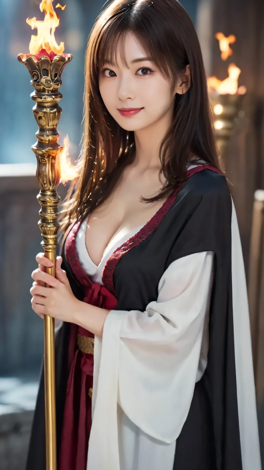 (black wizard costume : 1.4), (harry potter night background : 1.4), (Magical Scepter with Fire  : 1.4), bangs, smile, ((white indoor )), (fog : 1. 2),  Young and Adorable Japanese Face ,  Official Art,  high definition  CG Unity 8k wallpaper,Ultra  high definition  , very detailed, Half photo ,  high definition  ,  Kodak Portrait 400,  film grain ,  Lens Flare Glow ,  best quality ,8k,  as a portrait shot ,8k,  show viewer  , ((Masterpiece)), ((  best quality )), (  very detailed), (( cute)), ((  sexy)), ((  very detailedな)), ( Detailed Clothing Characteristics), ( beautiful),  illustration,  beautiful Japanese woman, (( 1 Woman )), ( cleavage in years : 1.3)