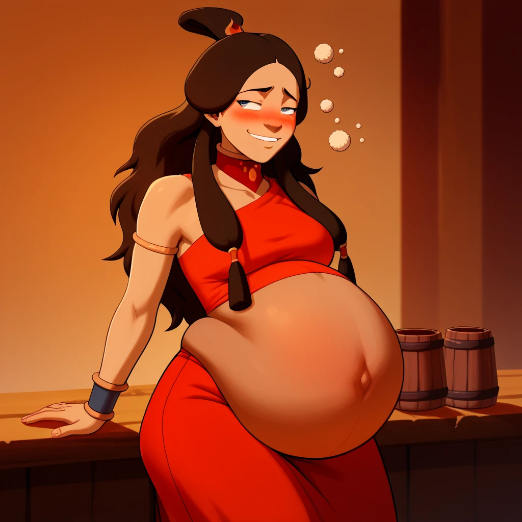 score_9, score_8_up, score_7_up, score_6_up, score_5_up, score_4_up, rating_questionable, KataraFire,   sexy pose, ((belly stuffed)), ((huge belly)), ((Very drunk)), ((staggers)), (tight red clothes) ,dark skin, shy smile