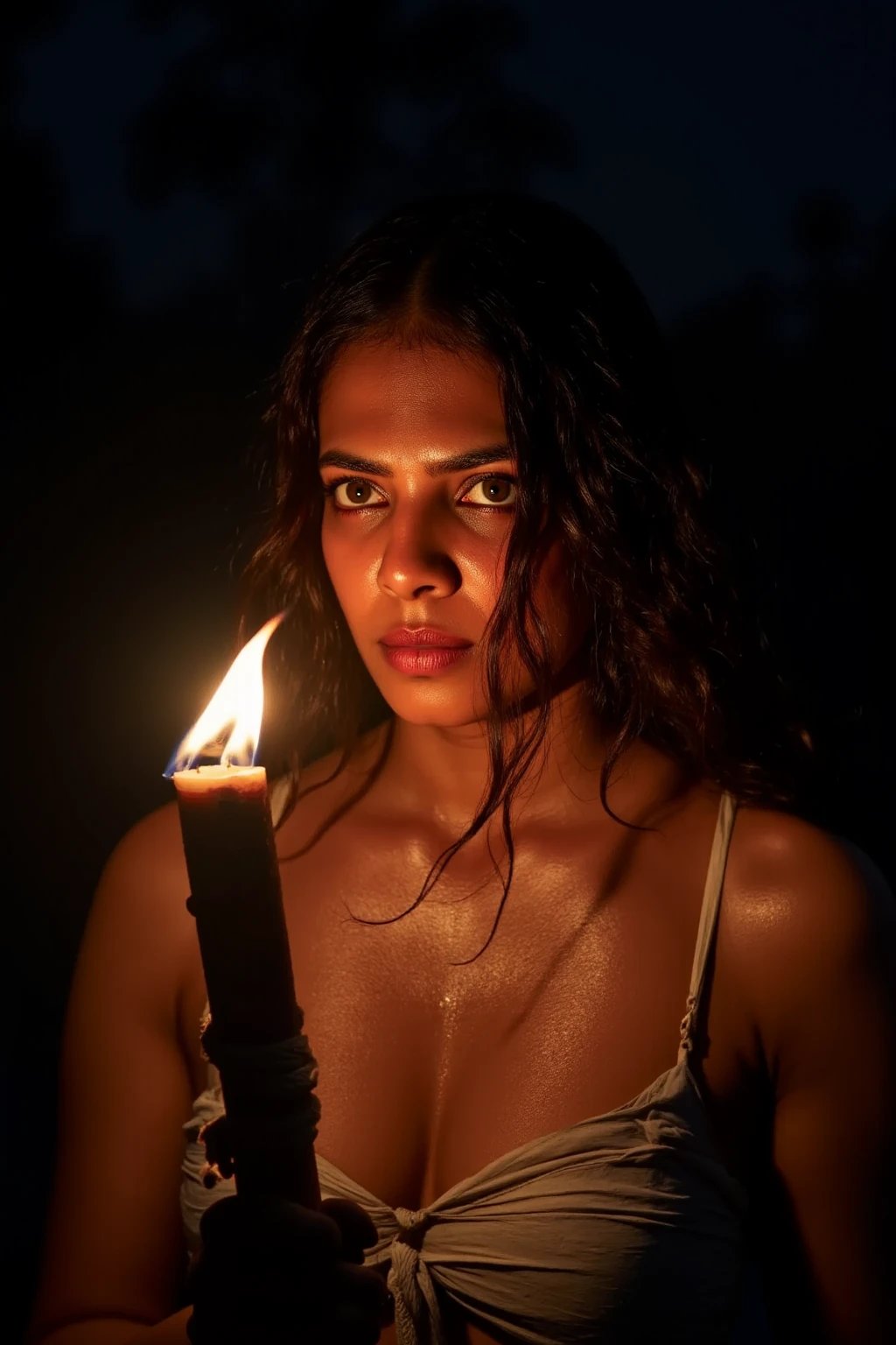 Ultra-realistic digital art of the upper half of a woman in a dark forest at night, viewed from a slightly elevated angle as if the perspective is from above. She is holding a rugged wooden stick with a small flame burning at the top, wrapped with cloth and tied securely with rope. The small flame casts a faint, warm glow that highlights her sweat-covered skin, creating a radiant shine only on her face and hands while leaving the surrounding area in deep shadows. Her fearful yet determined expression is illuminated by the subtle light, and her messy, damp hair falls across her face. The background remains mostly engulfed in darkness, with only a faint outline of trees visible, emphasizing the isolation of the scene."