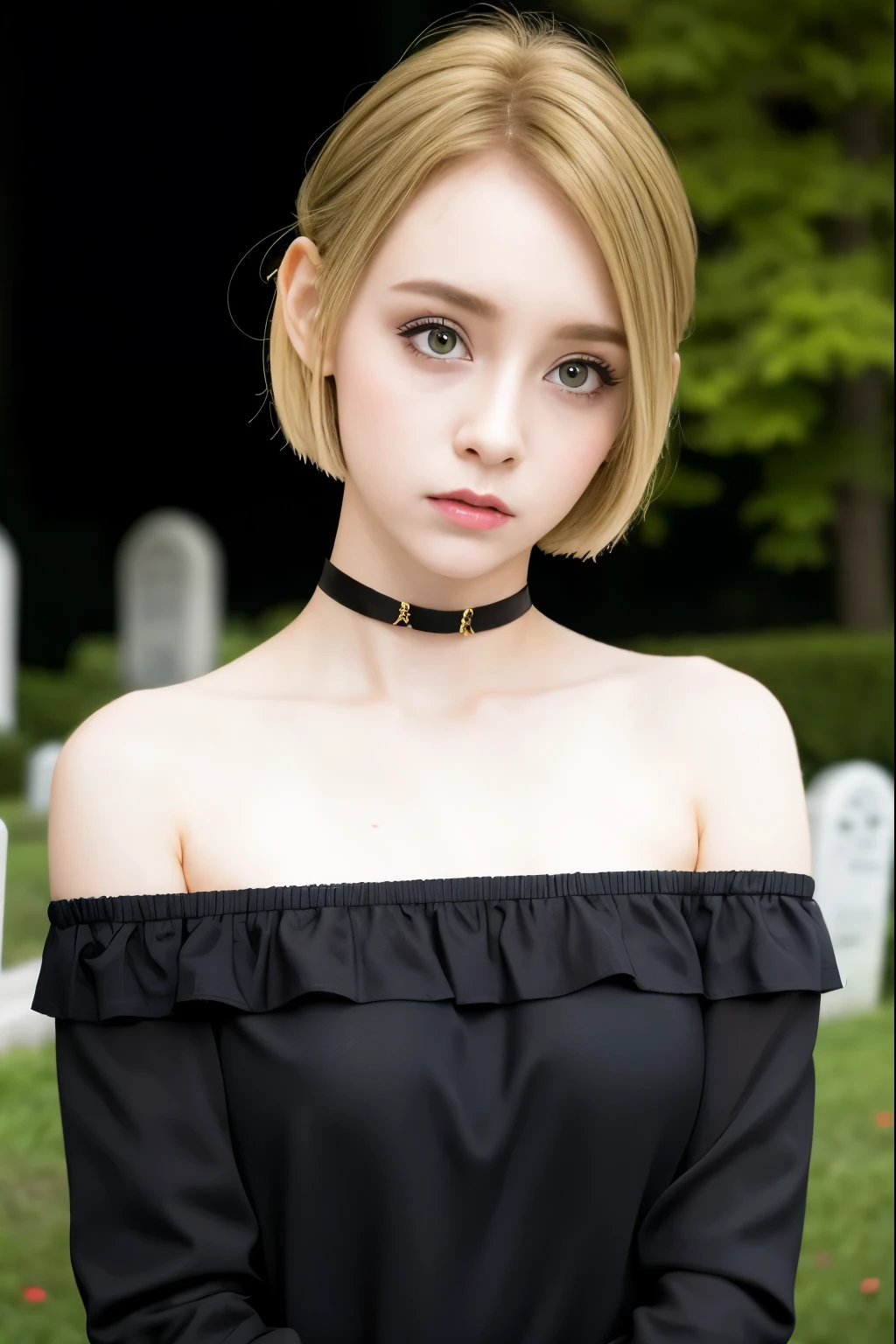 Blonde、 Very Shorthair、Light makeup、 Black Off-the-Shoulder、 black choker with long sleeves 、-yeld giLate Night、Cemetery、 uneasy expression、