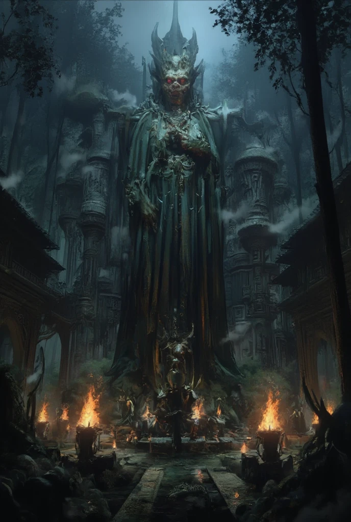 An anime, a work of art, the theme of which is "The Cursed Statue Deep in the Forest", a cursed statue enshrined in a devil-worshipping cult temple hidden away in the depths of the forest, the terror of the curse, the terrifying expression created by the shadow of the statue lit by the light of burning torches in the misty forest at night, a hidden presence.