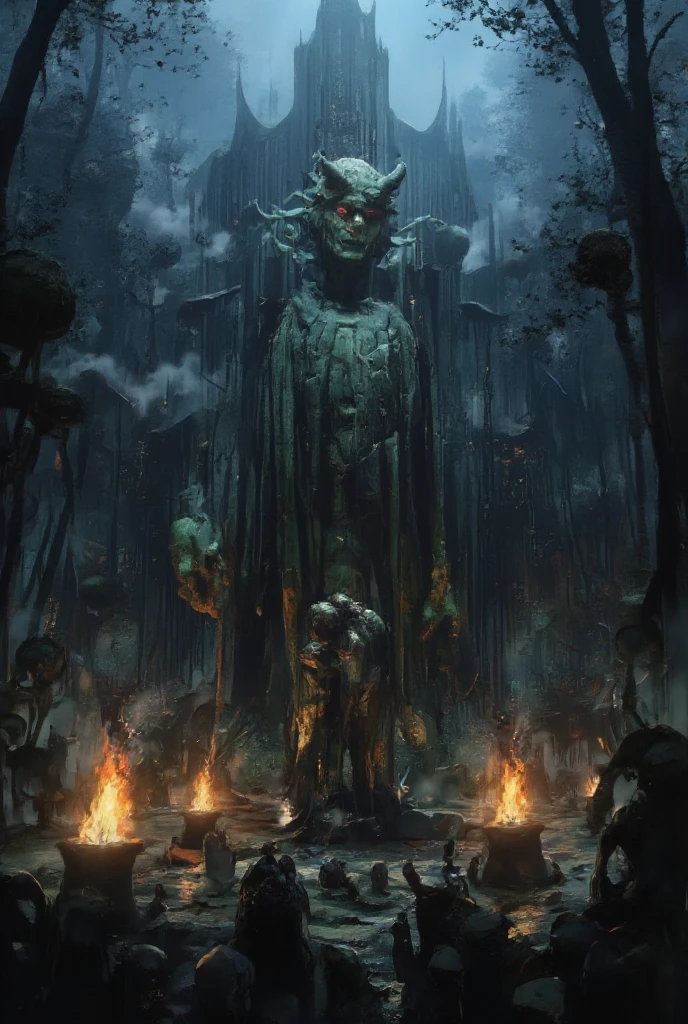 An anime, a work of art, the theme is "The Cursed Statue Deep in the Forest", a cursed statue enshrined in a devil-worshipping cult temple hidden deep in the forest, the fear of the curse, a foggy forest at night, the light of burning torches, and a hidden presence.