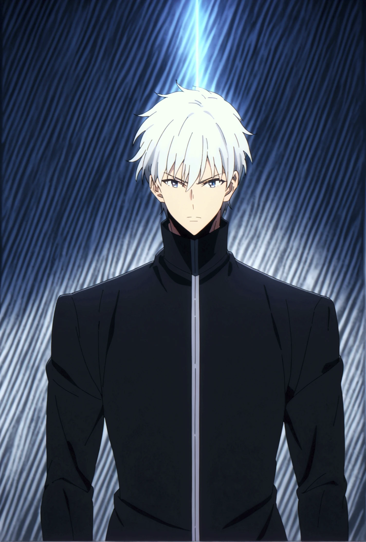 Here’s a detailed description of the anime-style male character:

A young, heroic figure with sharp, short white hair and vibrant blue eyes that seem to glow with intensity. He is dressed in a sleek black outfit, tailored to fit snugly, with intricate silver patterns etched along the fabric, giving him an air of elegance and power.   The character stands confidently, exuding a sense of calm authority, as mystical glowing runes light up the vivid fantasy background. His stance suggests readiness for action, and his enigmatic presence is both inspiring and intimidating.

