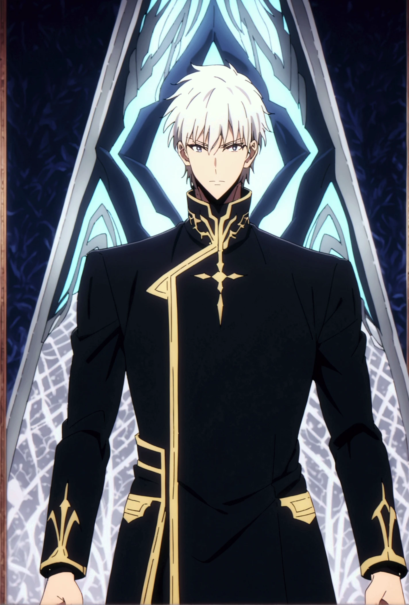 Here’s a detailed description of the anime-style male character:

A young, heroic figure with sharp, short white hair and vibrant blue eyes that seem to glow with intensity. He is dressed in a sleek black outfit, tailored to fit snugly, with intricate silver patterns etched along the fabric, giving him an air of elegance and power.   The character stands confidently, exuding a sense of calm authority, as mystical glowing runes light up the vivid fantasy background. His stance suggests readiness for action, and his enigmatic presence is both inspiring and intimidating.

