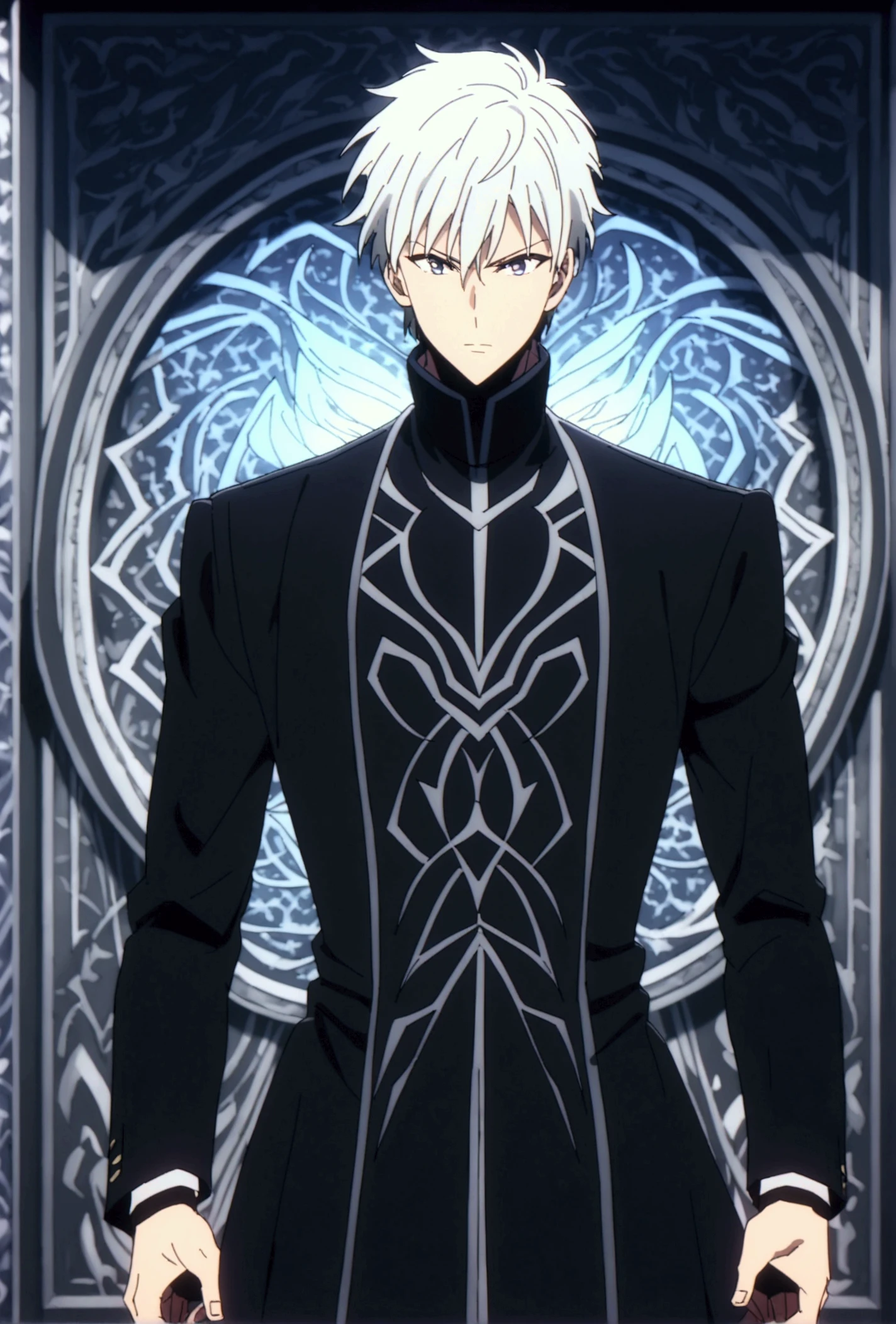 Here’s a detailed description of the anime-style male character:

A young, heroic figure with sharp, short white hair and vibrant blue eyes that seem to glow with intensity. He is dressed in a sleek black outfit, tailored to fit snugly, with intricate silver patterns etched along the fabric, giving him an air of elegance and power.   The character stands confidently, exuding a sense of calm authority, as mystical glowing runes light up the vivid fantasy background. His stance suggests readiness for action, and his enigmatic presence is both inspiring and intimidating.

