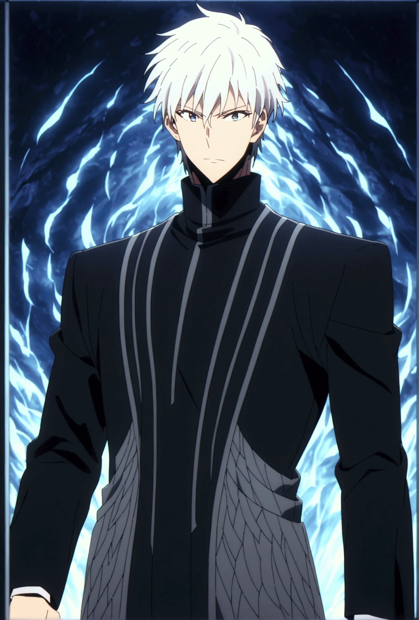 Here’s a detailed description of the anime-style male character:

A young, heroic figure with sharp, short white hair and vibrant blue eyes that seem to glow with intensity. He is dressed in a sleek black outfit, tailored to fit snugly, with intricate silver patterns etched along the fabric, giving him an air of elegance and power.   The character stands confidently, exuding a sense of calm authority, as mystical glowing runes light up the vivid fantasy background. His stance suggests readiness for action, and his enigmatic presence is both inspiring and intimidating.

