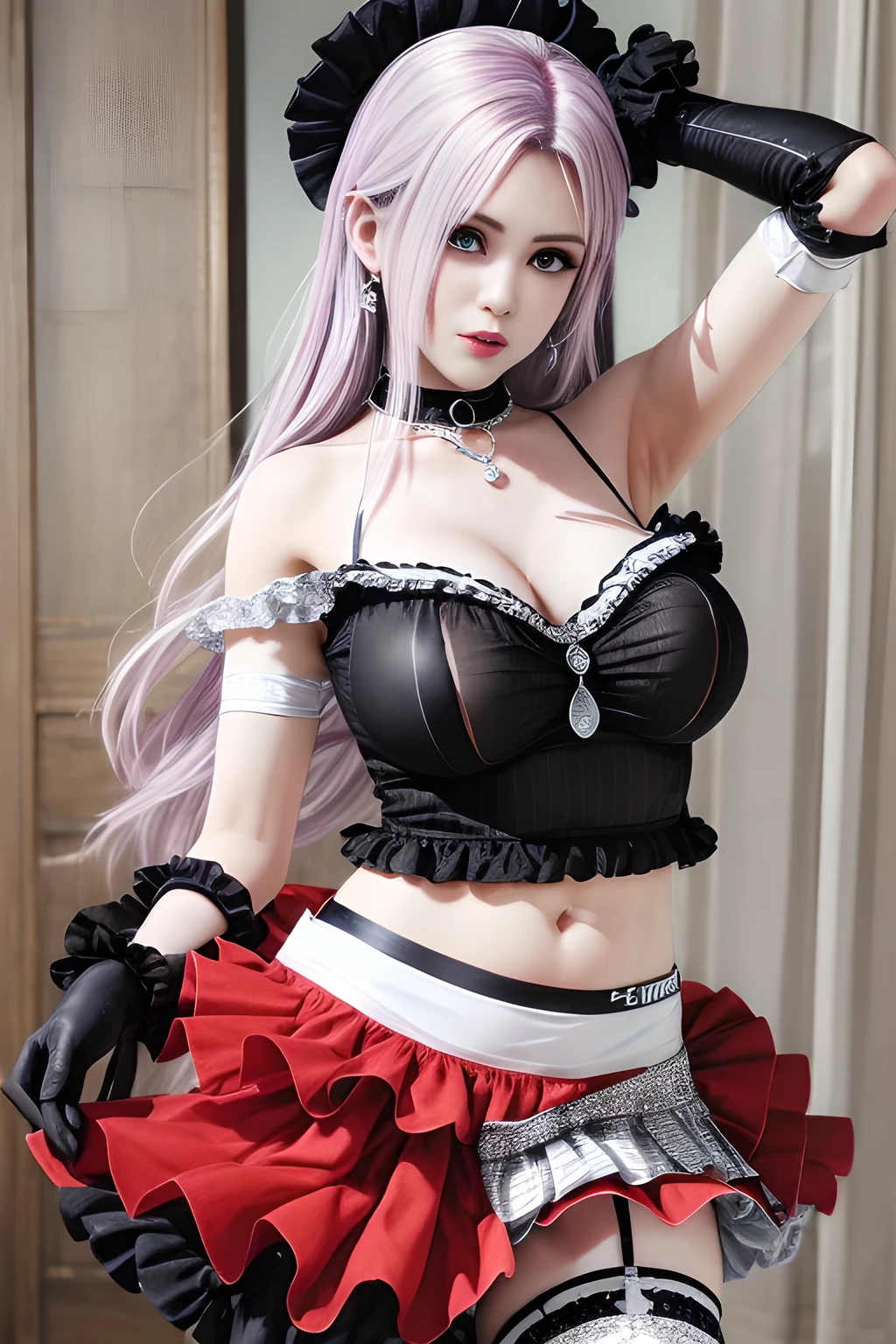an anime girl, With big breasts, big thighs and waist, pale skin and violet eyes, violet horns and white curly hair, pink lips and a black tiara with red rubies, a bra that covers very little of the breasts, some accessories on the torso and waist, a mini skirt and black gloves up to the elbows which insert into the middle finger, also with small fangs and piercings on the lower lip