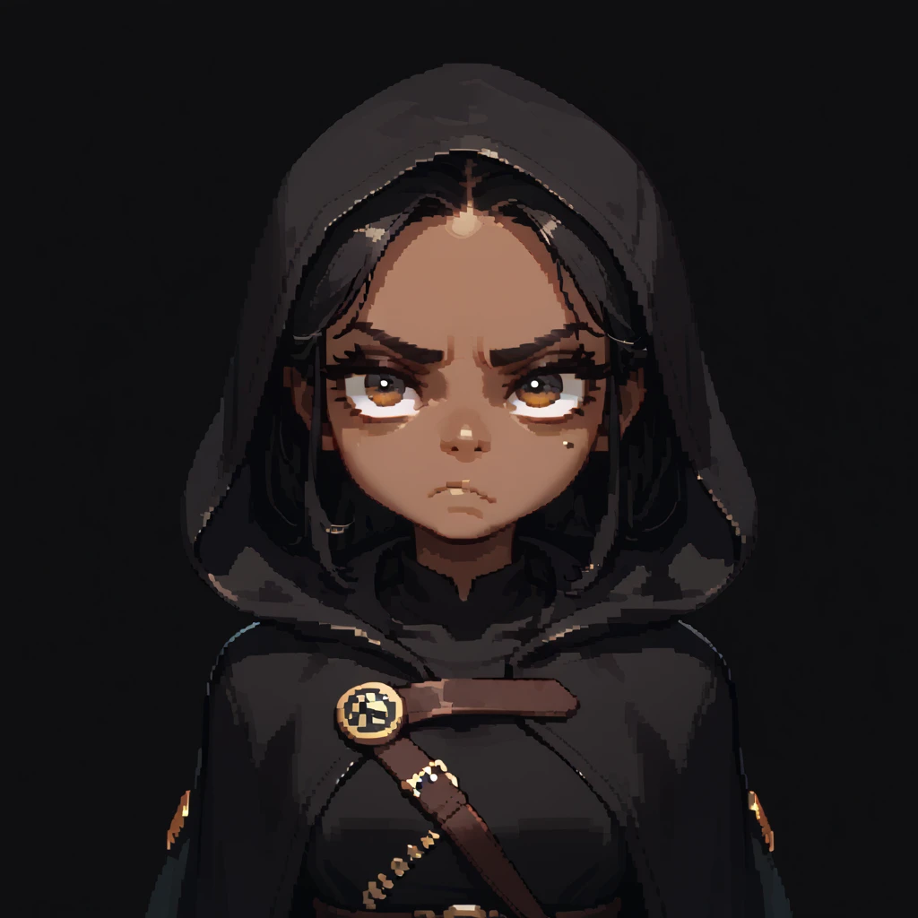 pixelart portrait of a dark-skinned gnome shortstack, ((dark-skinned female, brown skin)), black hair, bored expression, annoyed face, big eyes, black hooded cloak, black fantasy rogue leather outfit, above shoudlers, black background, black faceveil