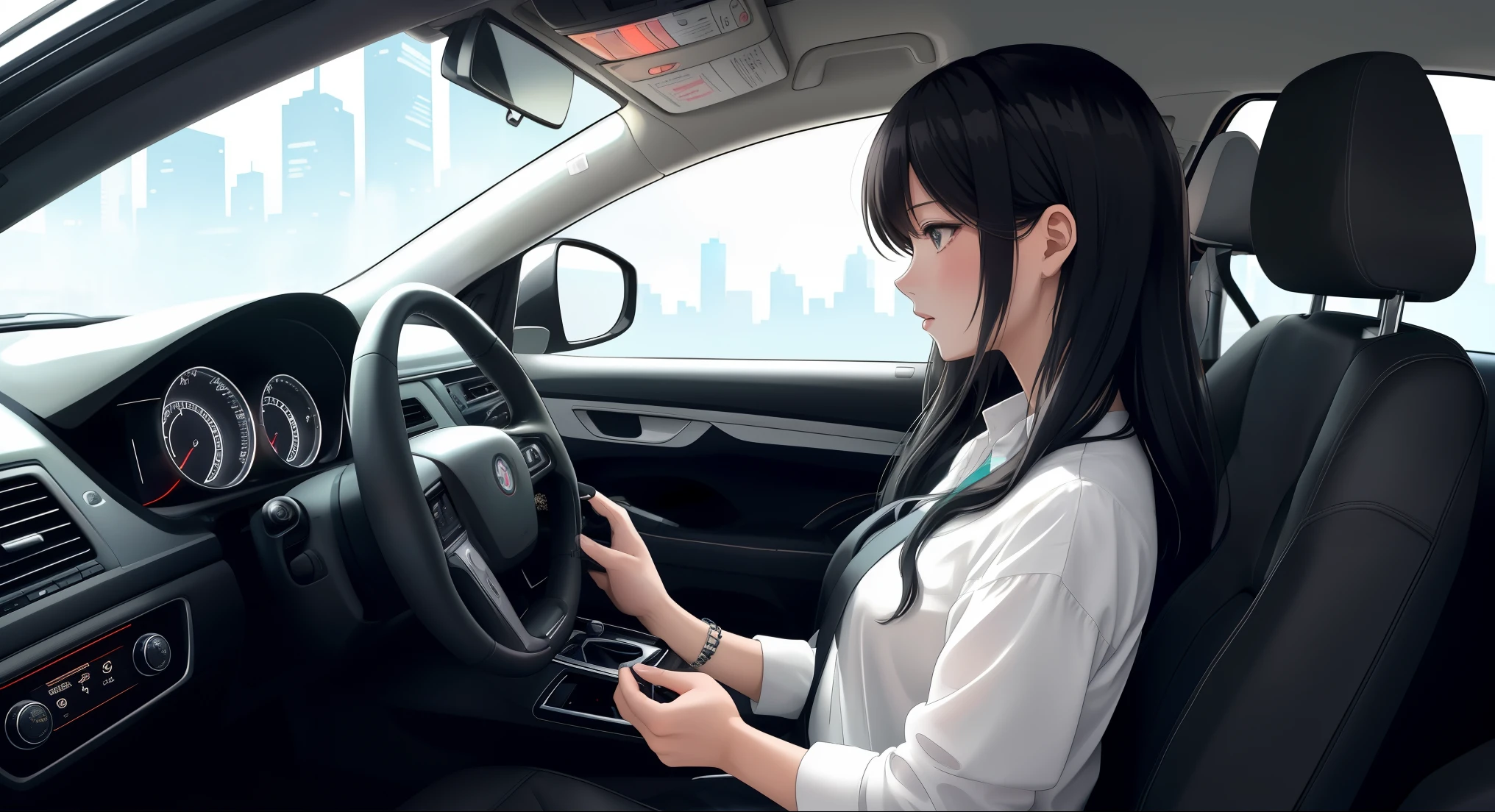 "An anime-style illustration of a woman inside a standard car, viewed from a side angle. She is wearing a white shirt and black trousers, with both hands on the steering wheel. The background shows a vibrant cityscape with neon lights visible through the car windows. The focus is on her profile, capturing her calm and focused expression. The car interior is simple and modern, with soft lighting and reflections from the city outside."