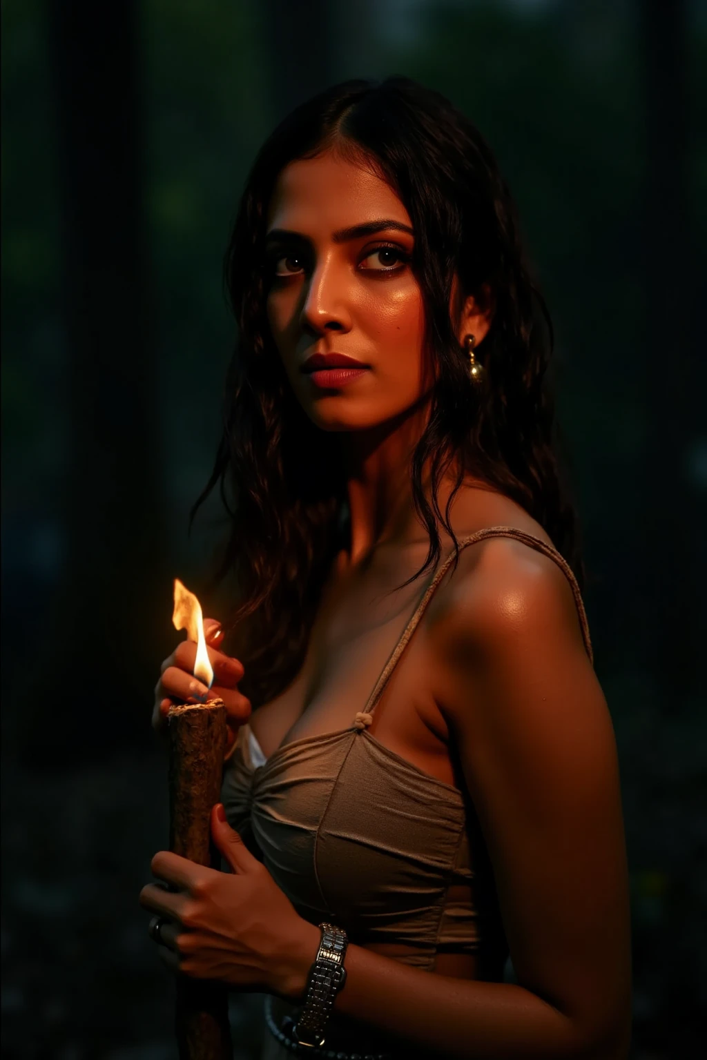 Ultra-realistic digital art of a woman standing in a dark, dense forest at night, her upper body glistening with sweat as faint light reflects off her skin. The woman holds a rugged, weathered wooden stick with a small, dim flame flickering at the top, the only light source in the scene. The glow softly illuminates her face and torso, casting warm highlights on her damp skin while leaving the rest of the forest in deep, shadowy darkness. Her expression is a mix of fear and determination, with strands of wet hair sticking to her face. The surrounding trees are barely visible, their silhouettes fading into the void, creating a mysterious and atmospheric composition.