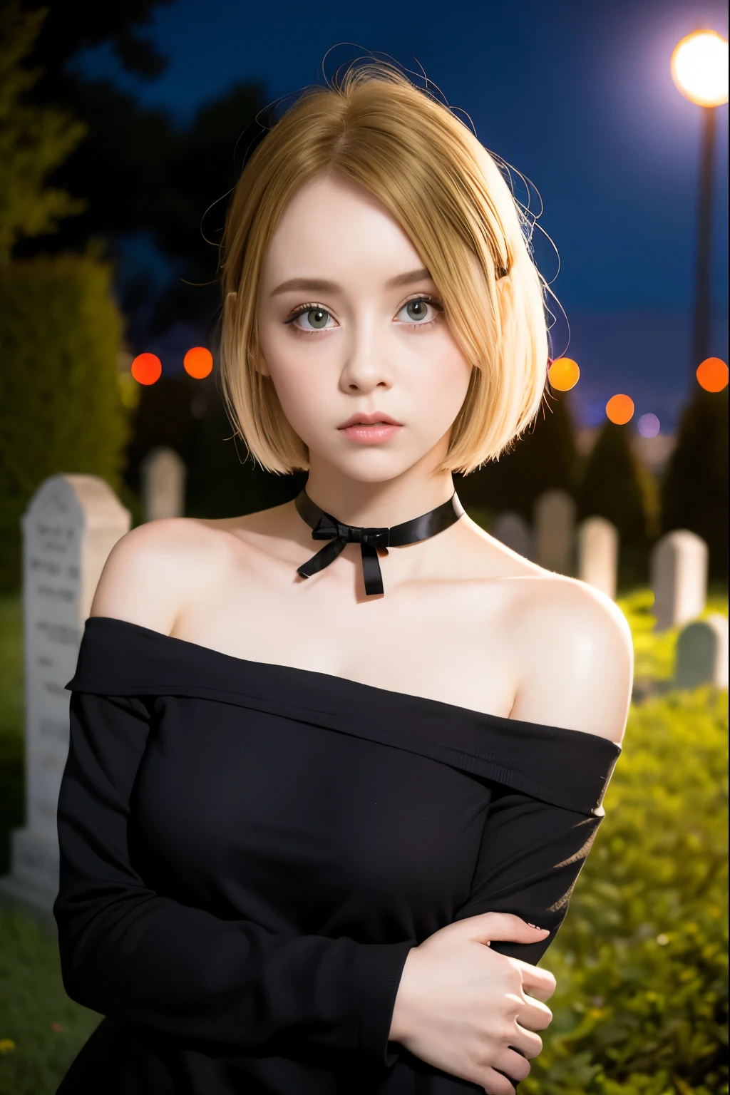 Blonde、 Very Shorthair、Light makeup、 Black Off-the-Shoulder、 black choker with long sleeves 、-yeld giLate Night、Cemetery、 uneasy expression、