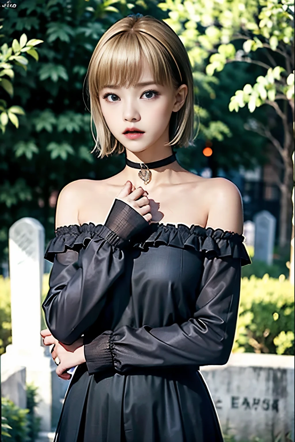 Blonde、 Very Shorthair、Light makeup、 Black Off-the-Shoulder、 black choker with long sleeves 、-yeld giLate Night、Cemetery、 uneasy expression、