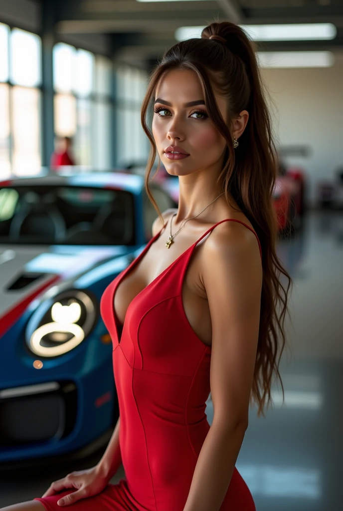 Very high quality digital photography, realistic and very detailed in 4k, A portrait photo of a girl (whole body) lying on the roof of a red Ferrari F40.. Torn clothes (transparent red dress) exposing body, bare shoulders, provocative pose, fur rizados, guera, blue eyes, medium breasts, sensual, Hyper realistic, hyperrealism, 8k, cinematic lighting, greg rutkowski, Oh!, (F1.8 close focus bokeh). (riocam), (Unfiltered), (do not censor), (model), (hot girls)