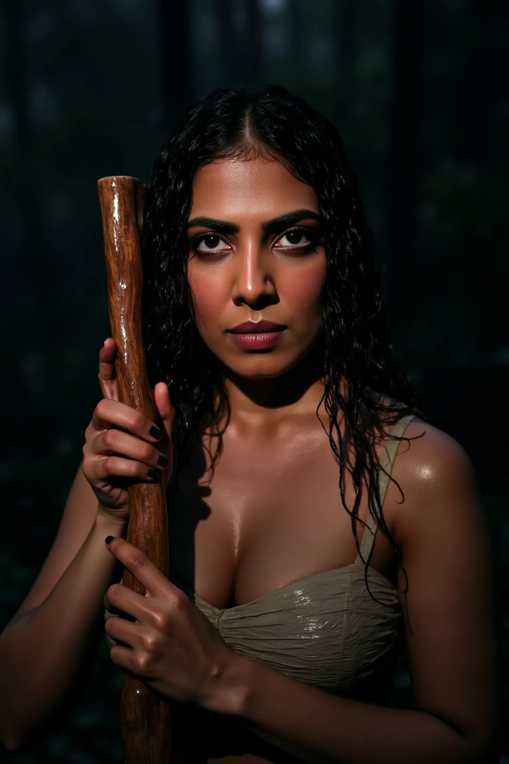 Ultra-realistic digital art of a woman in a dark forest at night, her sweat-covered and rain-soaked skin glistening as she clutches a rugged wooden stick for support. Raindrops cascade down her face, catching the faint light from an unseen source. The forest around her is dense and shrouded in shadows, with only hints of wet leaves reflecting the dim light, creating a tense and atmospheric scene.